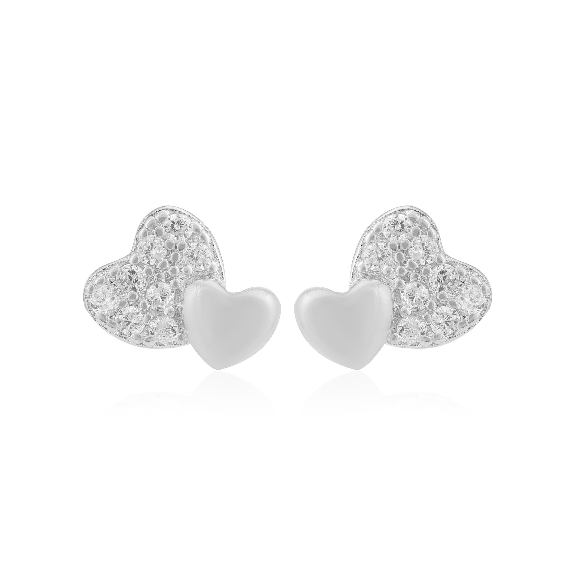 925 Duo Heart Rhodium Plated Stone Sleek Studs