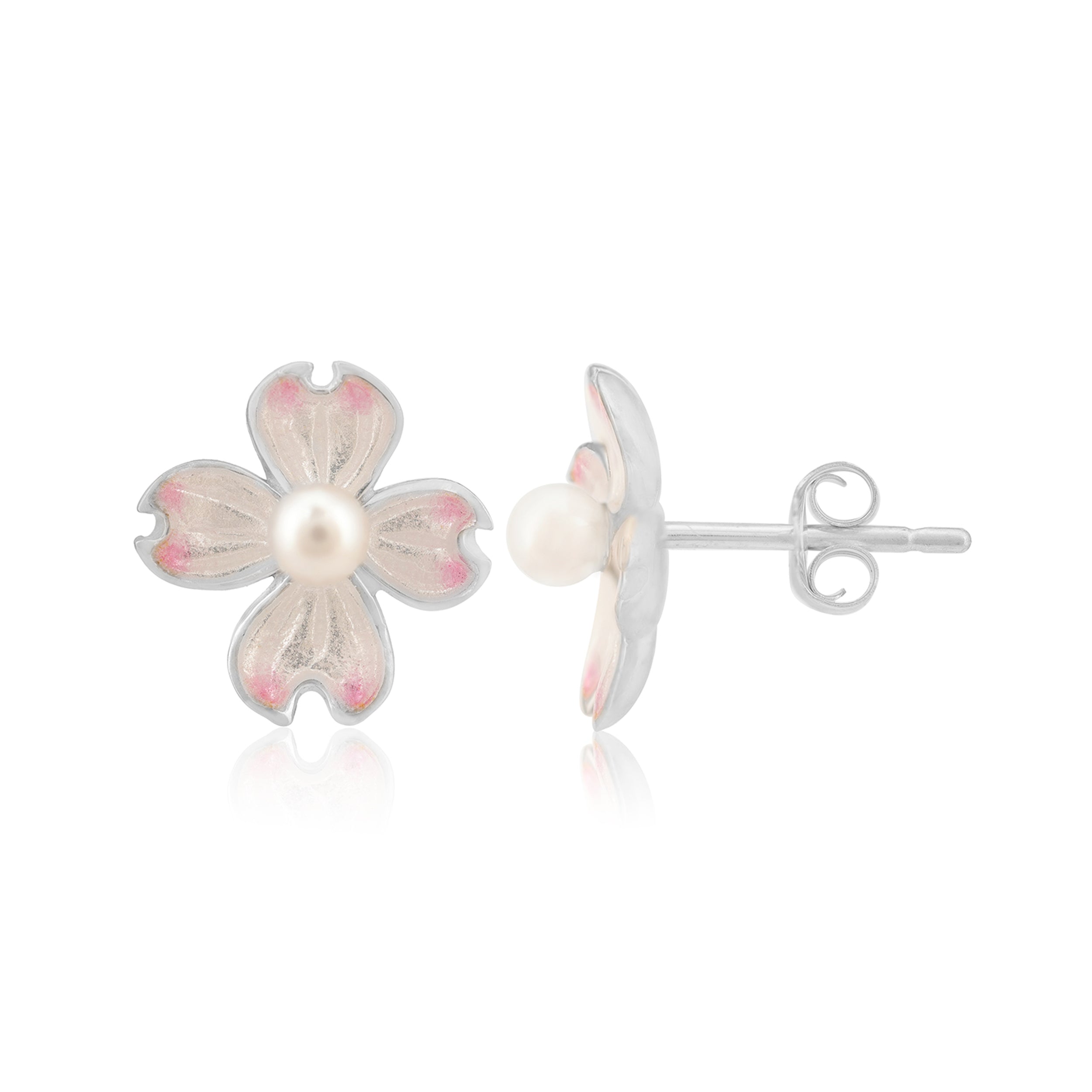 Enamel Pink Bloom Flower with Pearl Silver Studs