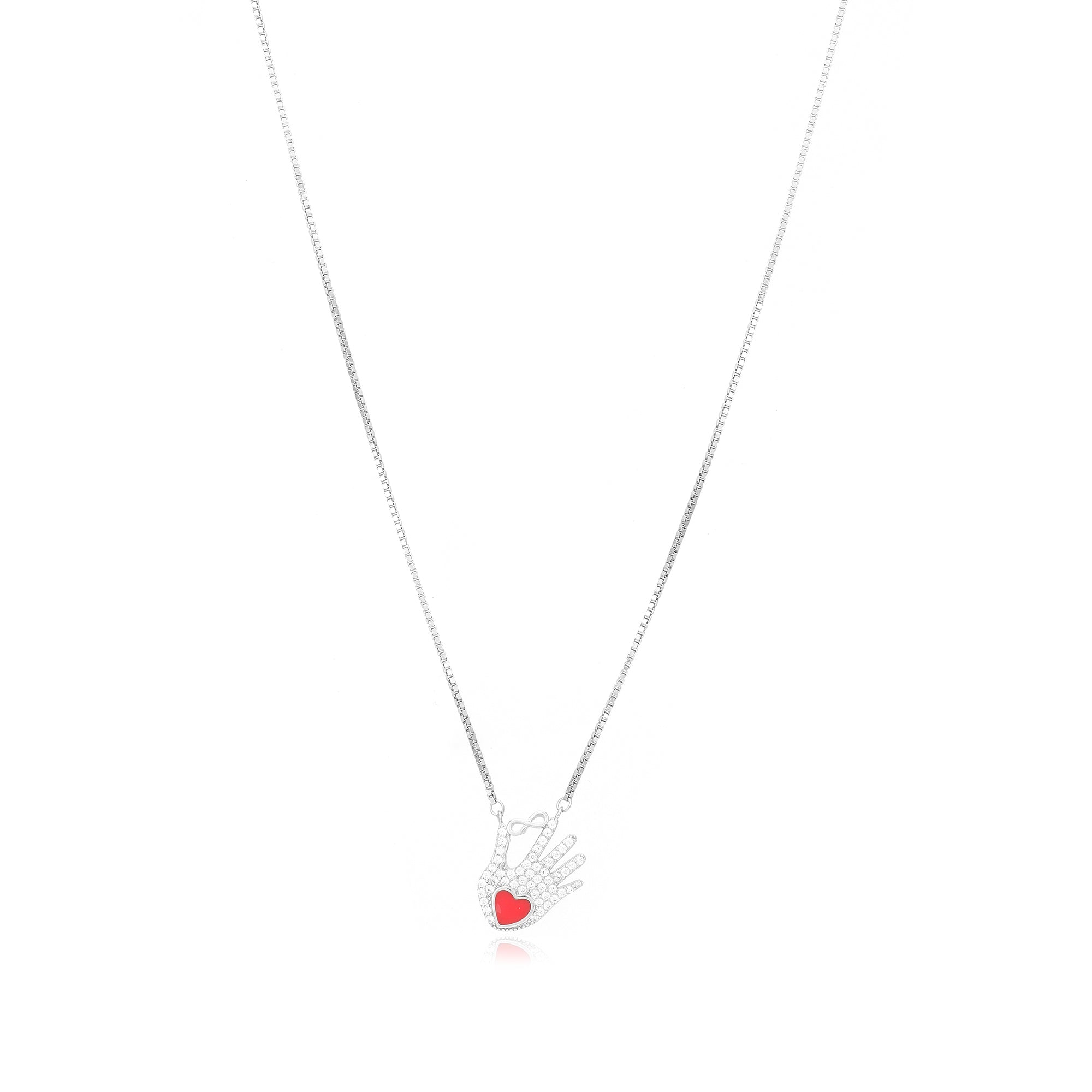 Endless Affection Hand Rhodium Plated Infinity Red Heart Chain Pendant