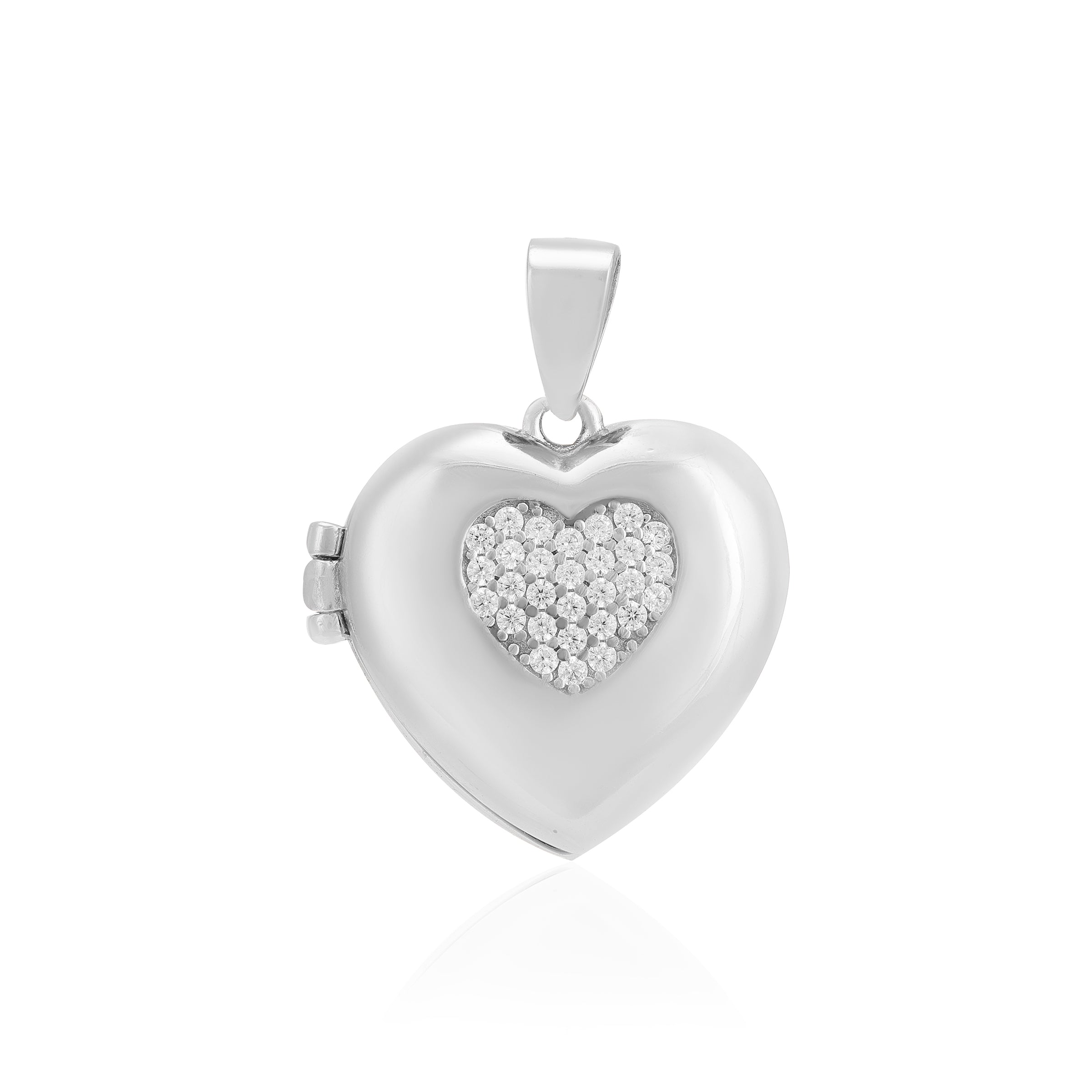 925 Glow Heart Rhodium Plated Inner Stoned Detailing Locket Pendants