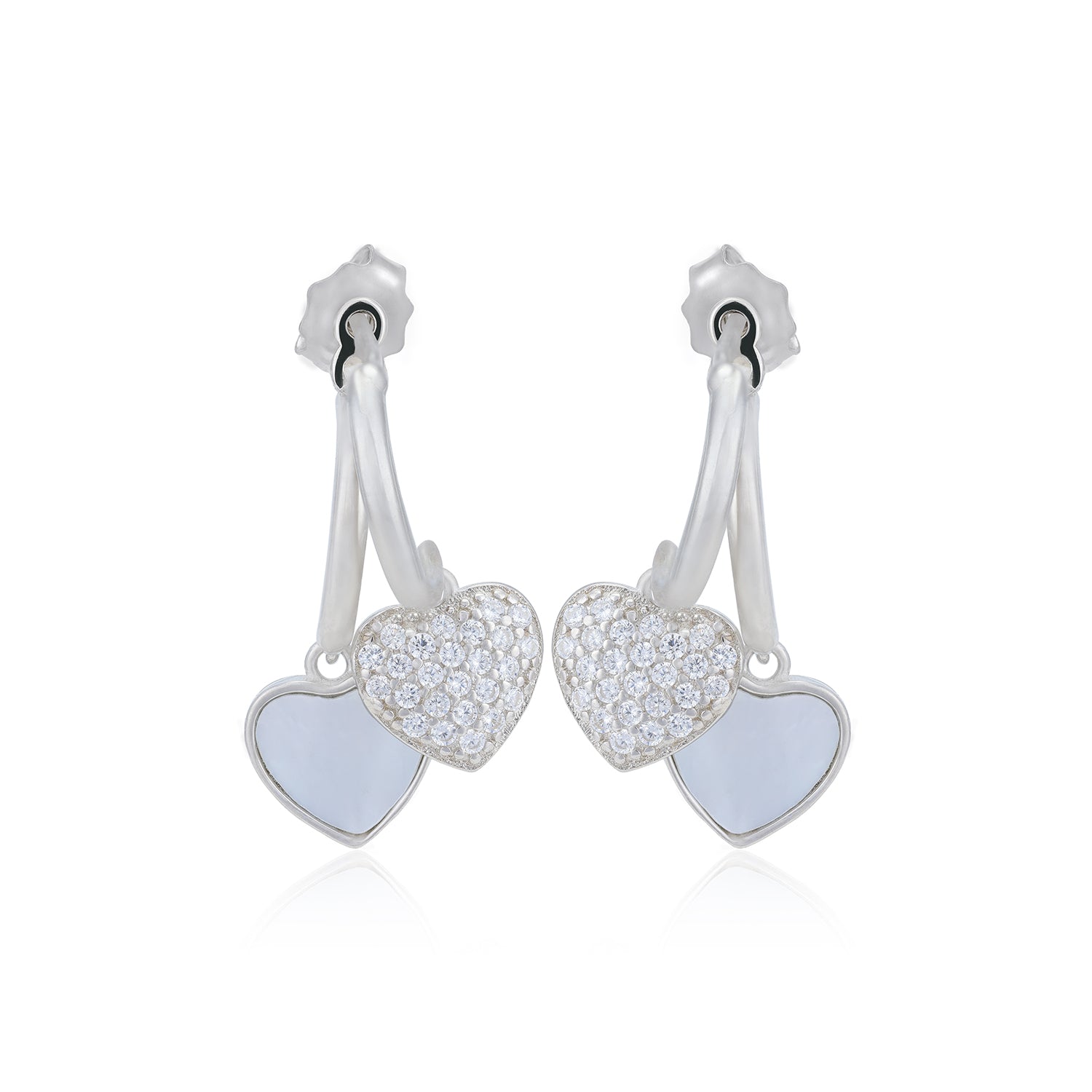 Hearts Dual Drop Pearl Stone Rhodium Plated Studs