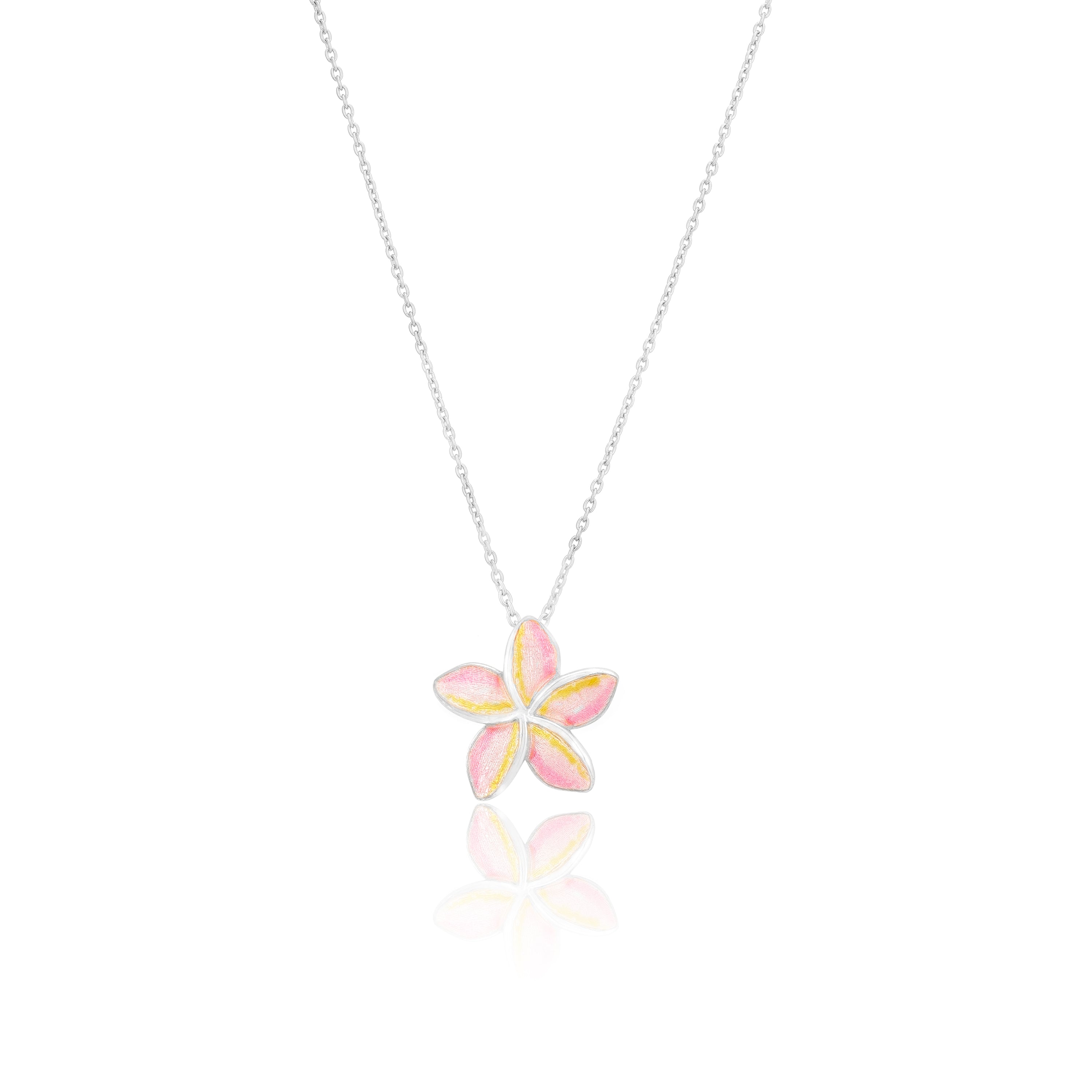 925 Lush Pink Plumeria Rhodium Plated Flower Chain Pendants