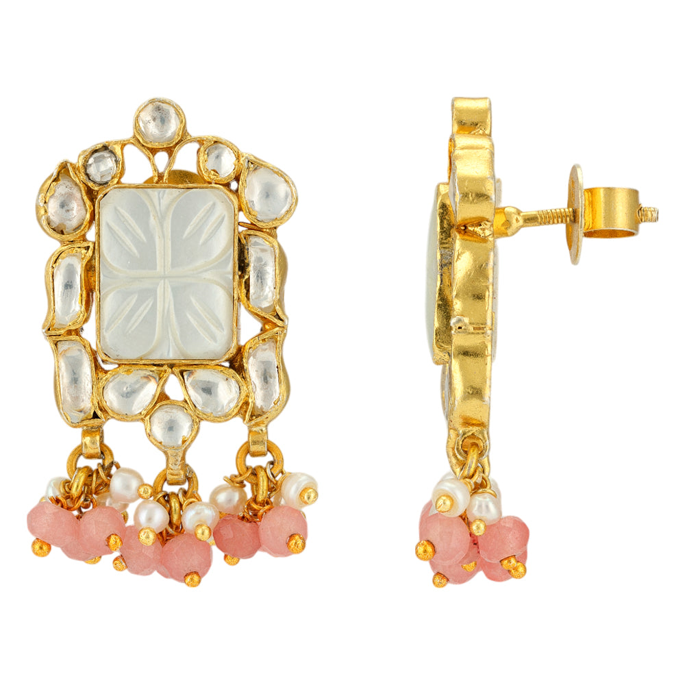 Polki Glamour Pearl Pink Beads Drop Earrings