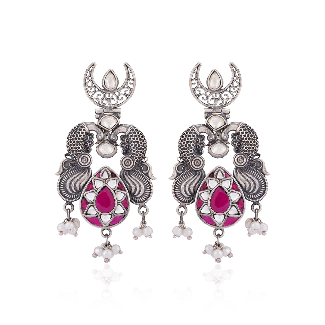 925 Polki Peacock Kundan Red Stone Earring