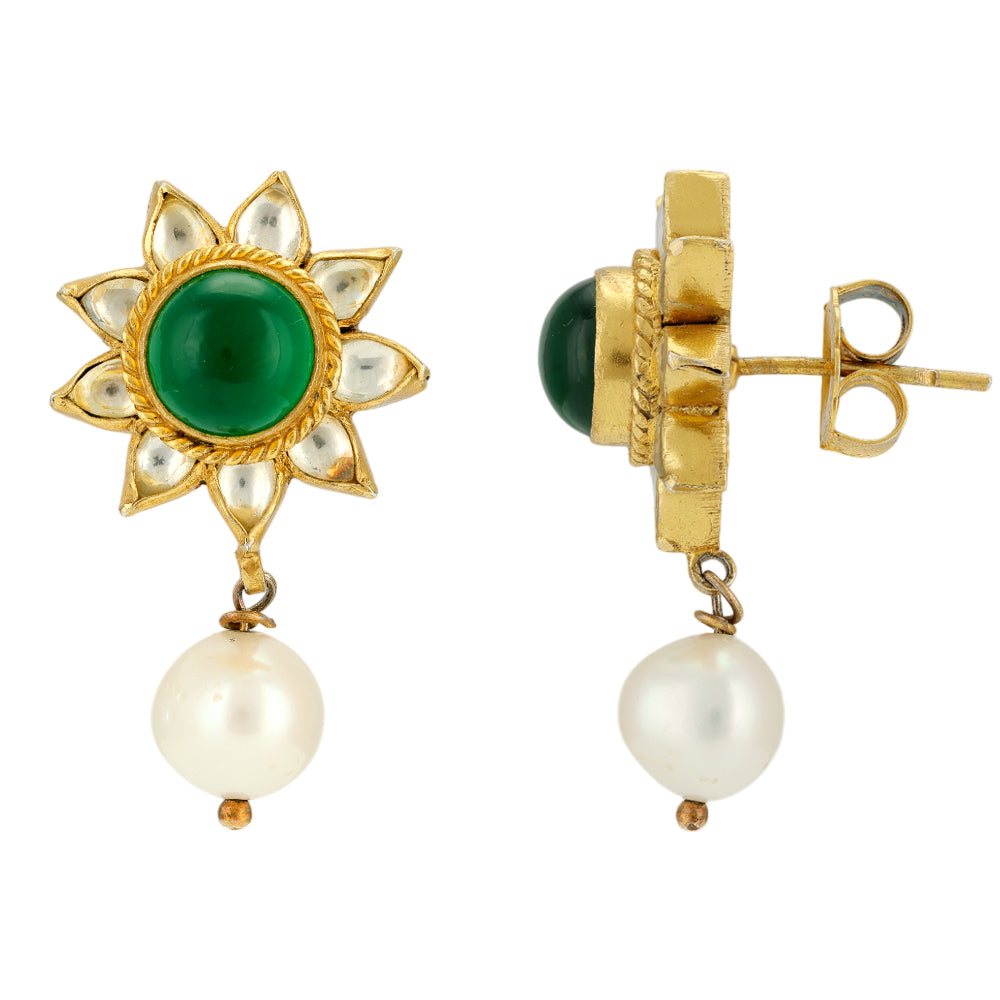 Polki Petals Centered Green Pearl Drop Earrings