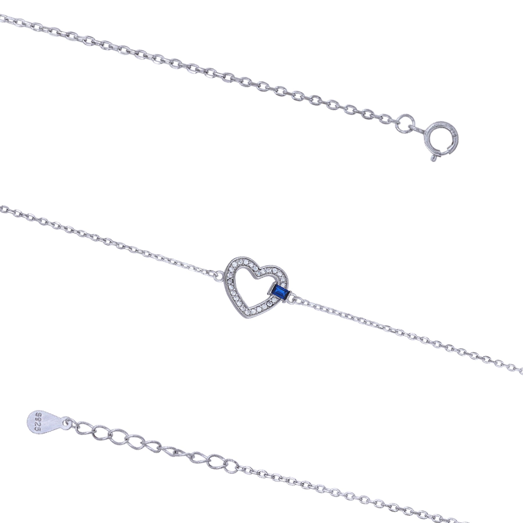 925 Rhodium Pristine Heart Rhodium Plated Crystal Blue Edge Bracelets