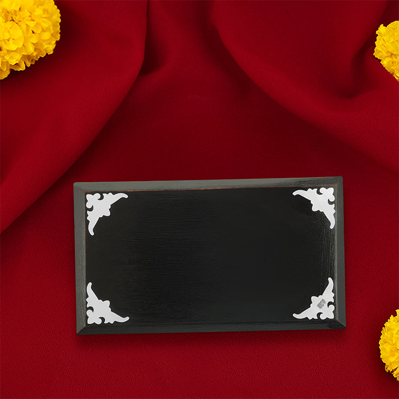 925 Rosewood Rectangle Peeda With Floral Silver Border For Pooja