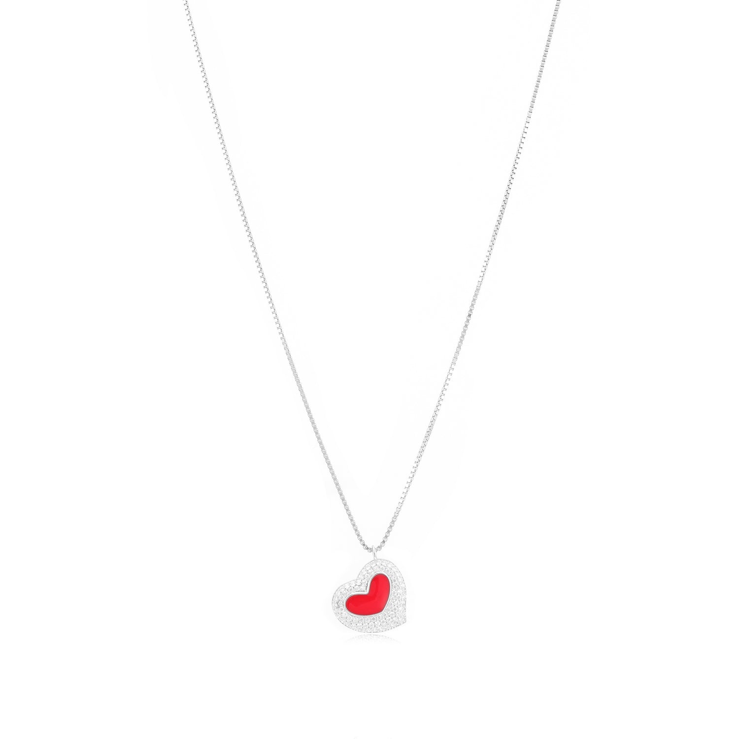 Shimmering Heart Rhodium Plated Centred Red Heart Chain Pendant
