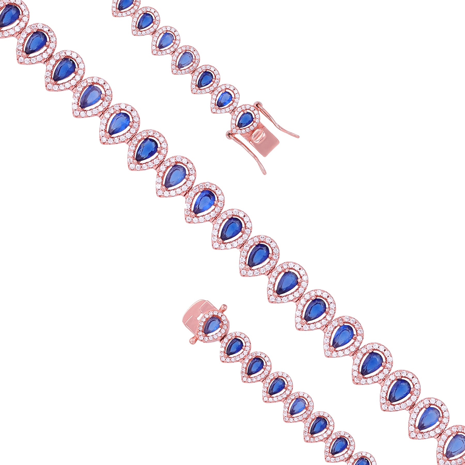 925 Sterling Silver Blue Sapphire Teardrop Illusion Sparkling Rose Gold Plated Bracelet for Women