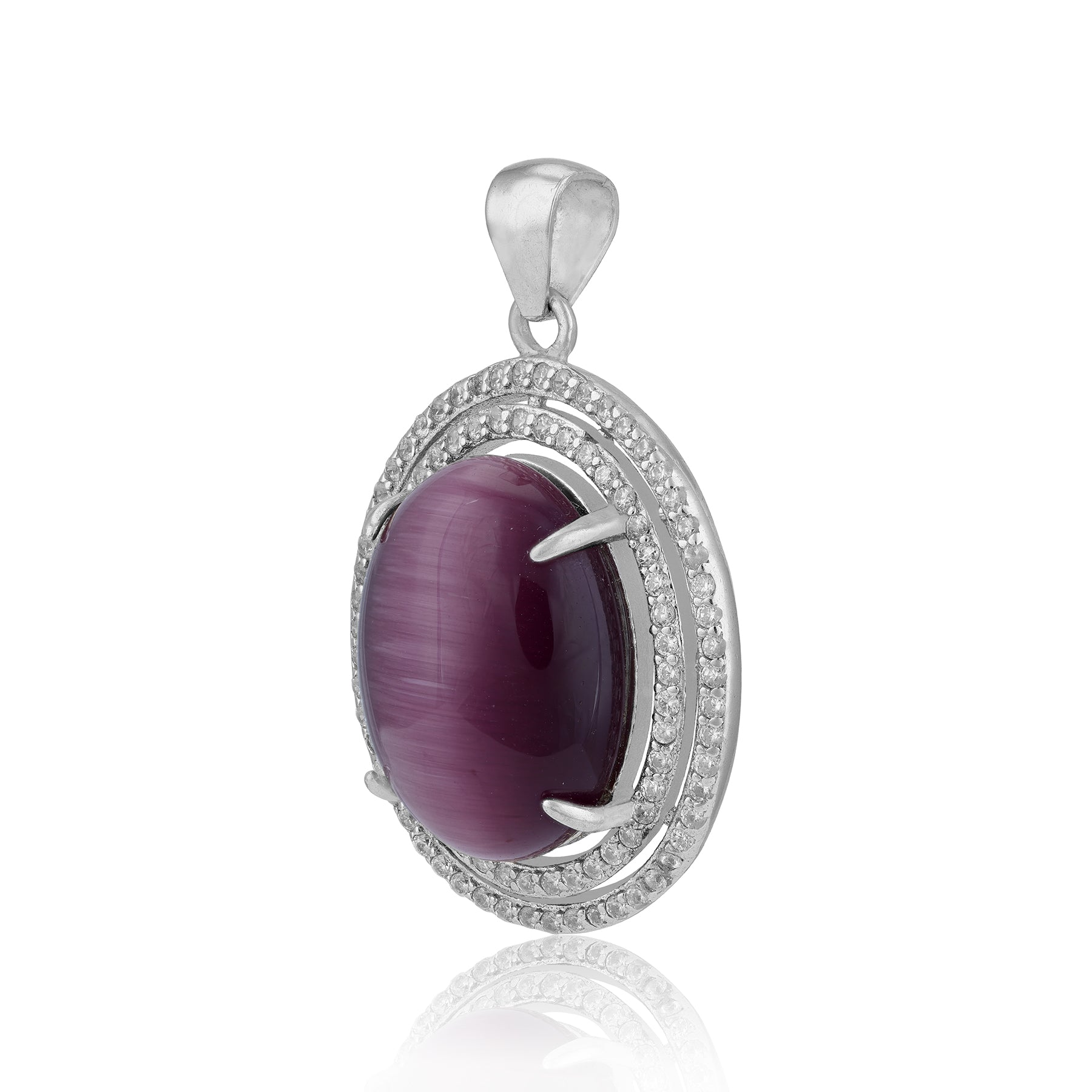 925 Sterling Silver Double Halo Pink Onyx Eye Oval Stone Pendant for Women