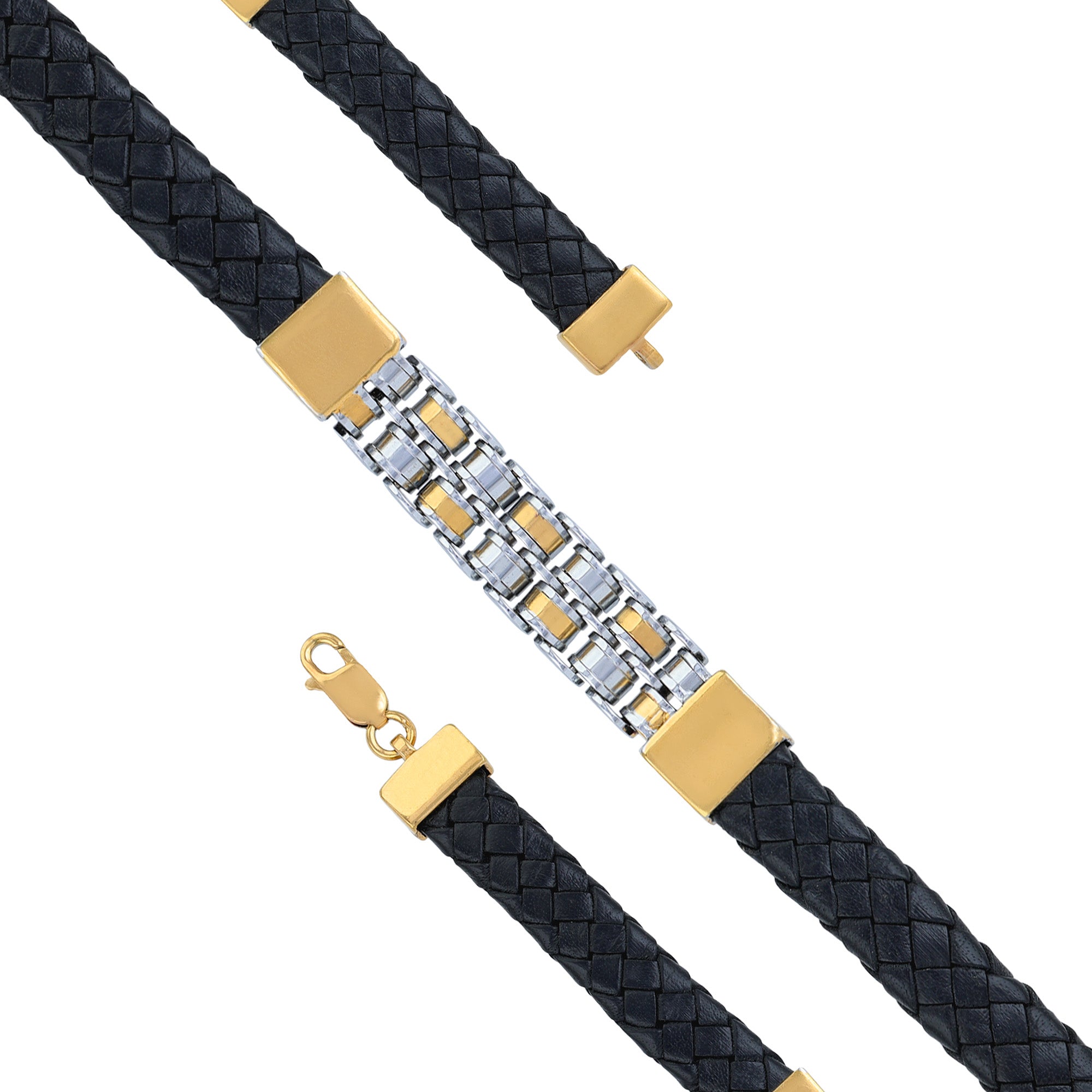 925 Sterling Silver Dual Tone Grid Link Jet Black Leather Weave Bracelet for Men