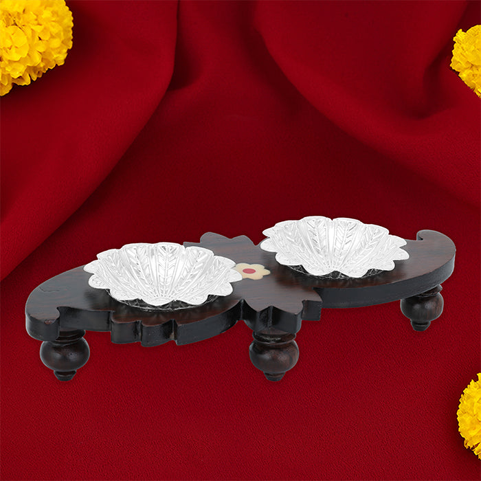 925 Sterling Silver Fancy Bowl Set With Rosewood Base For Pooja