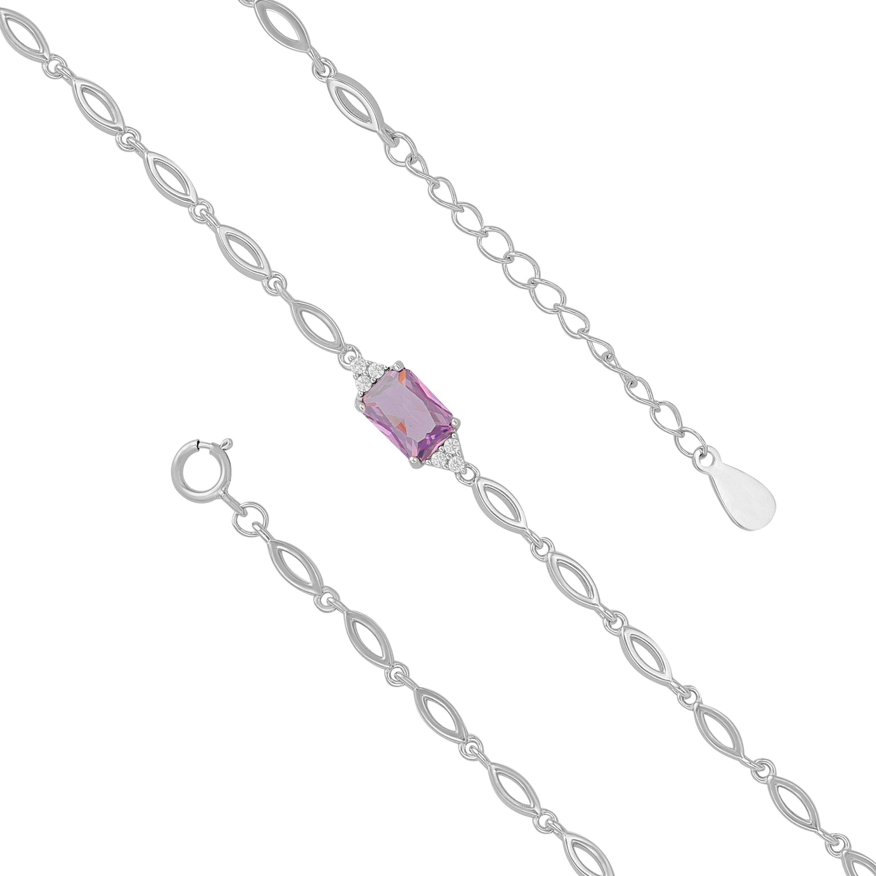 925 Sterling Silver February Month Square Amethyst Birthstone Bracelet For Women