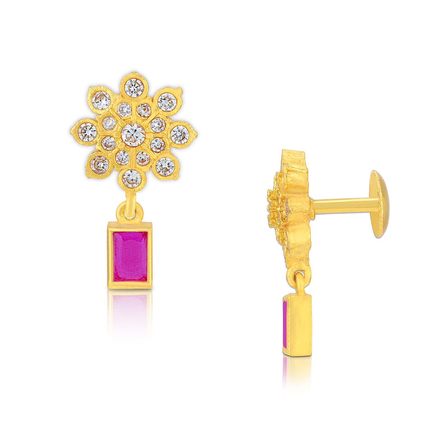 Gold earrings with a floral design and pink gemstones on a white background
