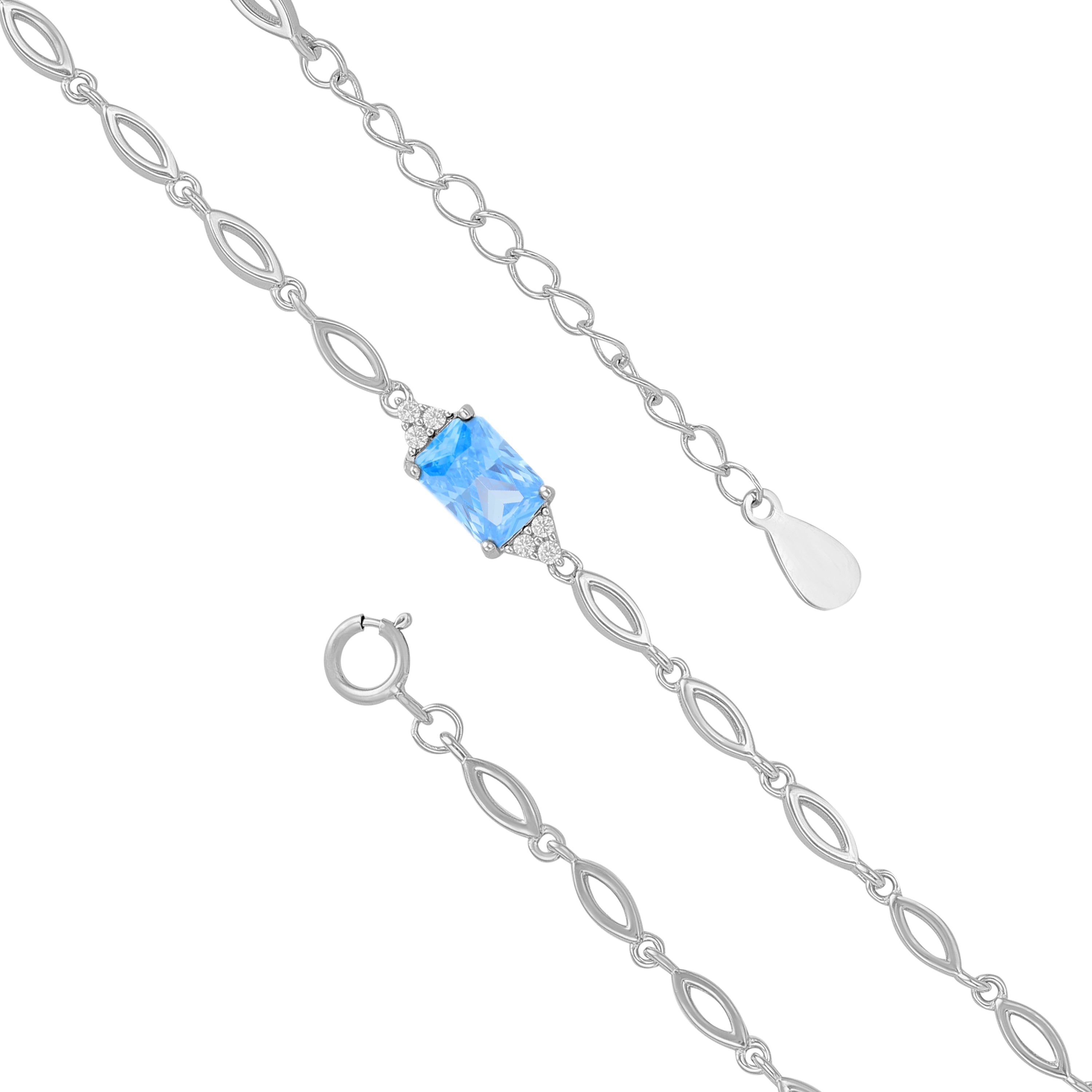 925 Sterling Silver March Month Square Aquamarine Birthstone Bracelet For Women