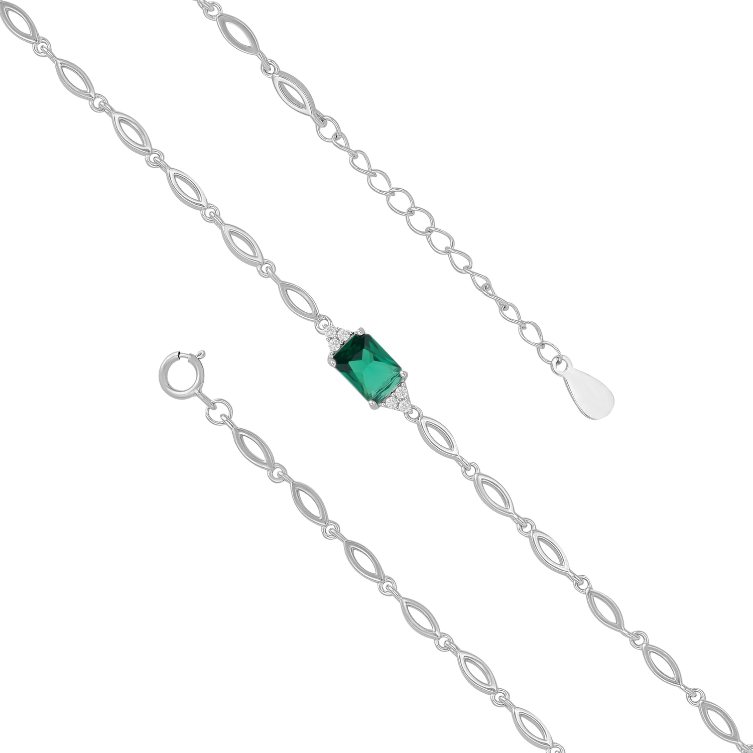 925 Sterling Silver May Month Square Emerald Birthstone Bracelet For Women