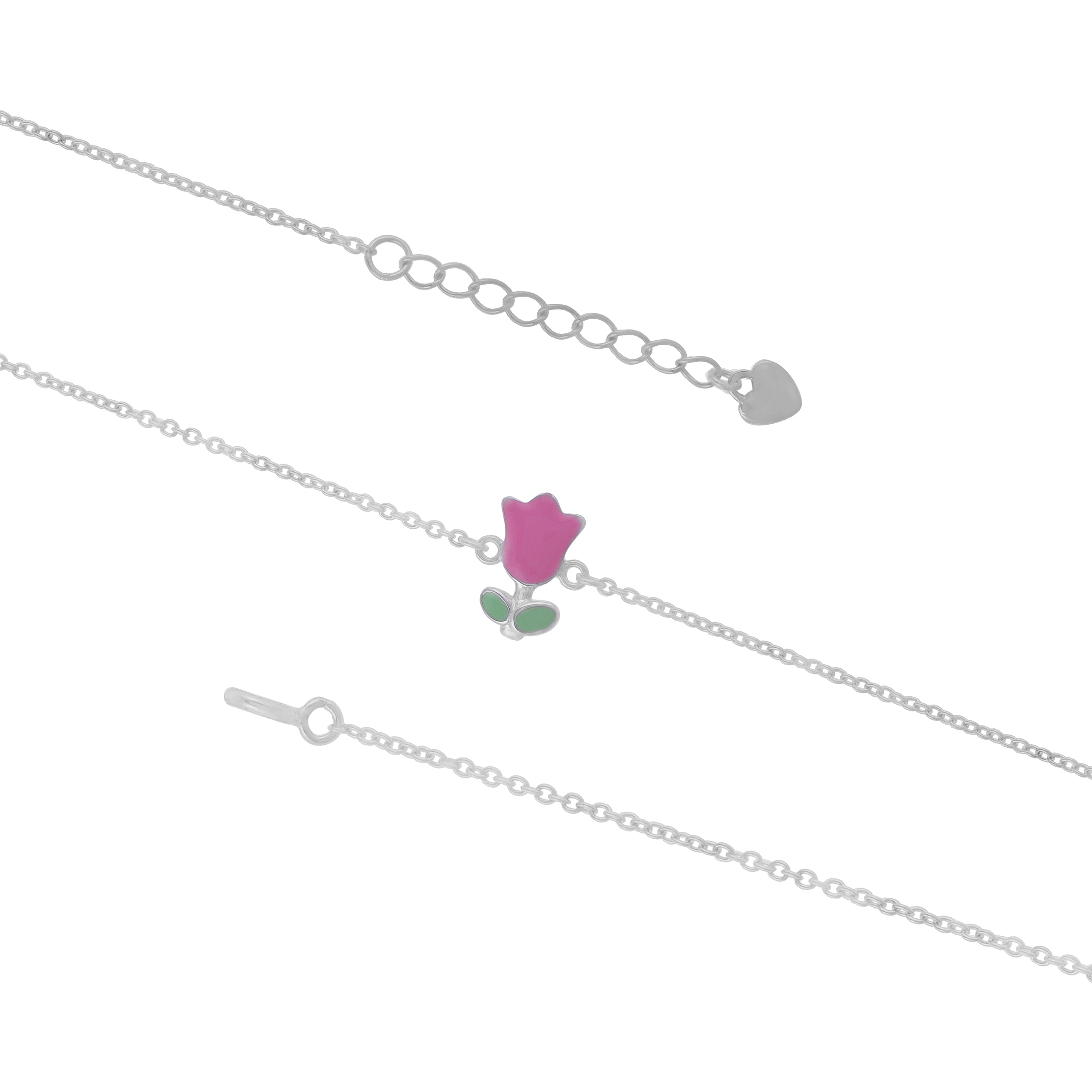 925 Sterling Silver Pink Tulip Charm Rhodium Plated Bracelets For Kids