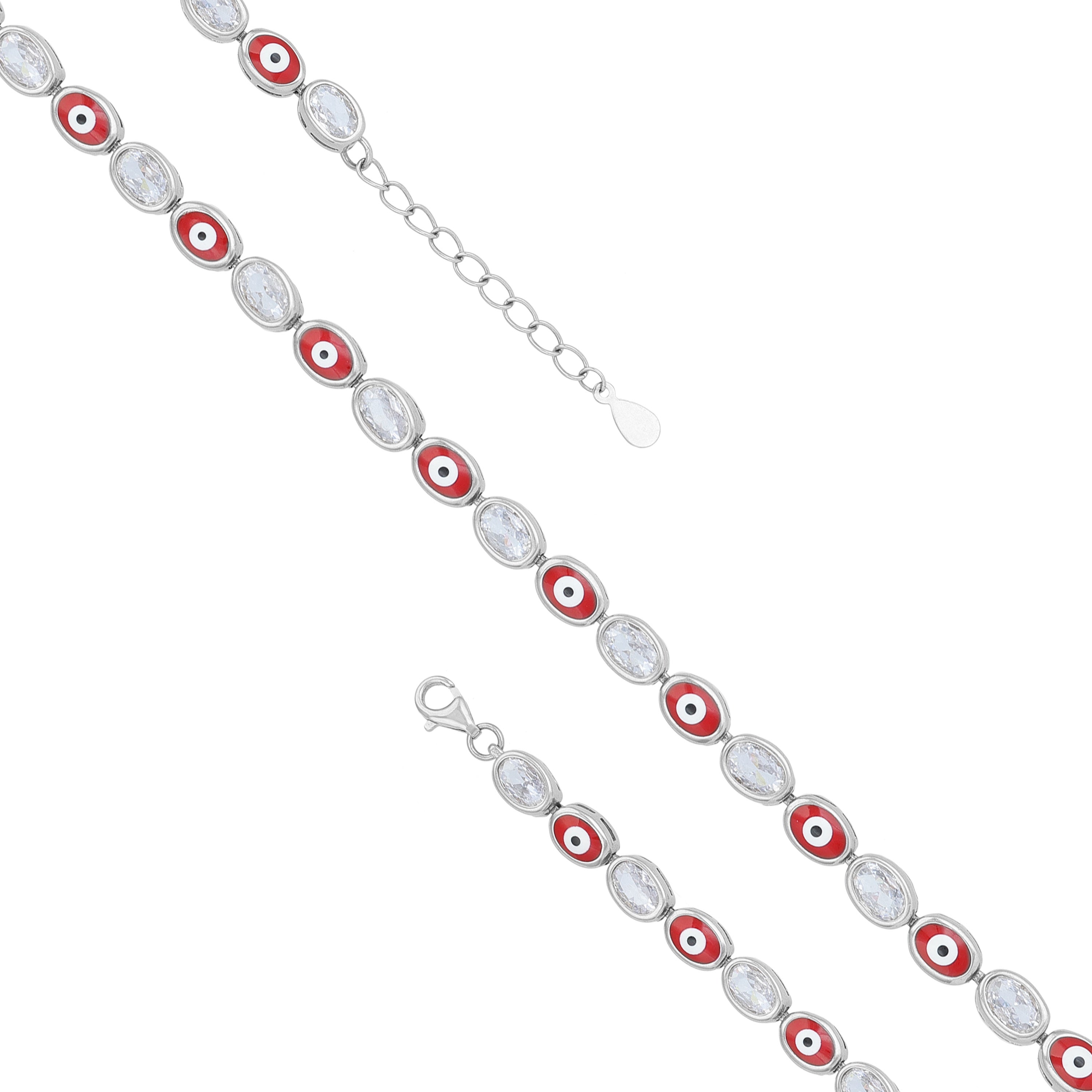 925 Sterling Silver Red Enamel Evil Eye Oval Charm Link Bracelet for Women