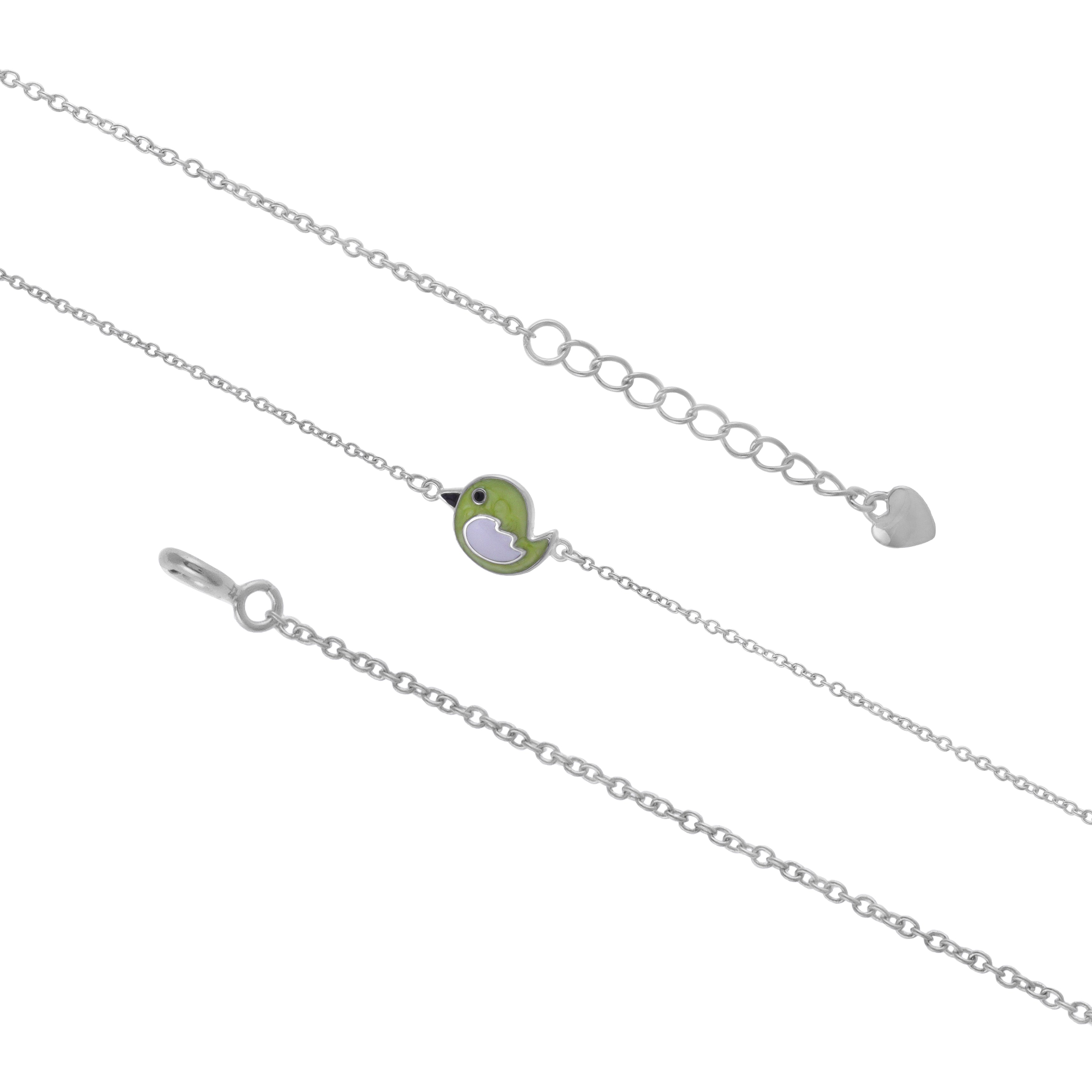 925 Sterling Silver Rhodium Plated Green Bird Charm Bracelet For Kids