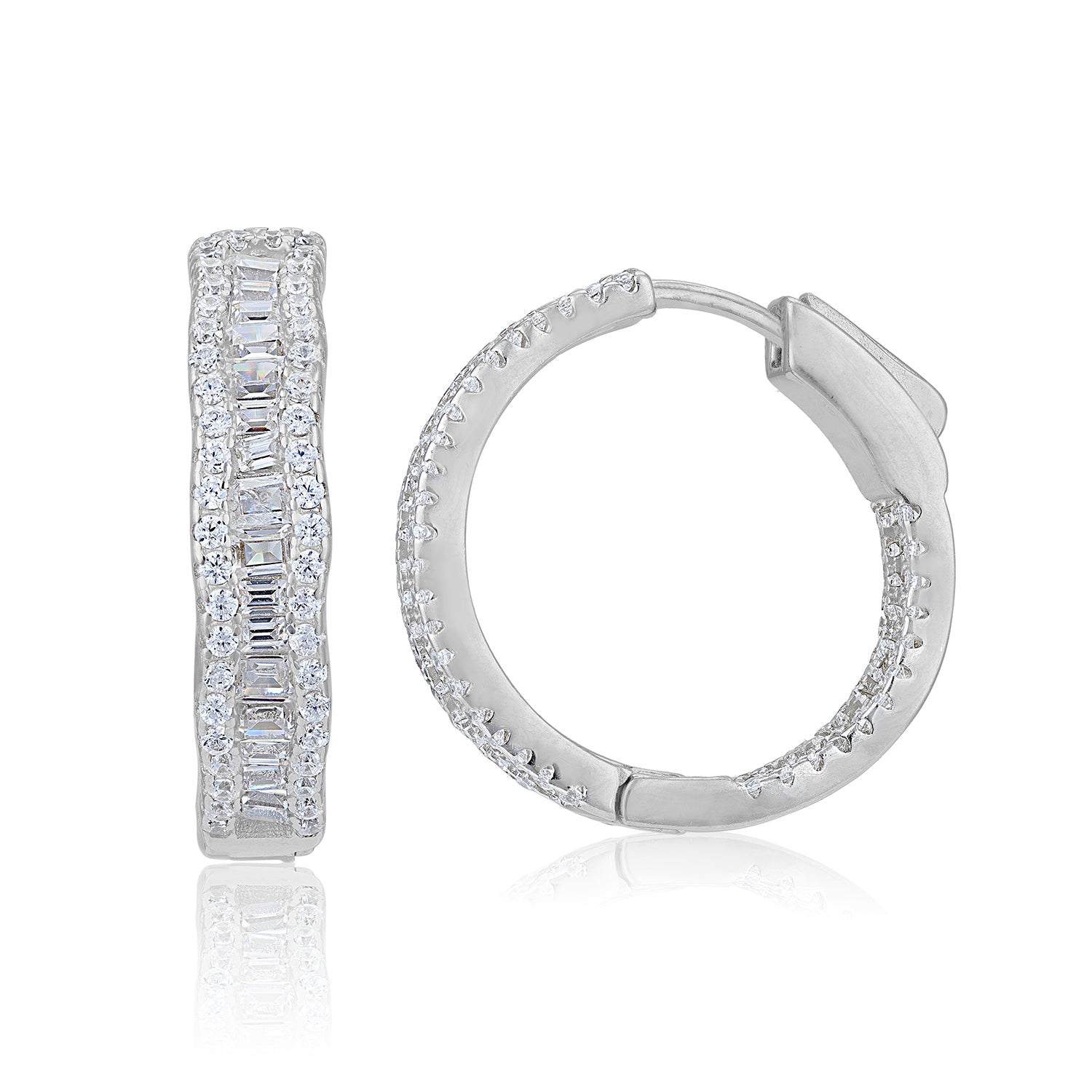 925 Sterling Silver Rhodium Plated Sparkling Twin Track Baguette Cut Eternity Earring for Women