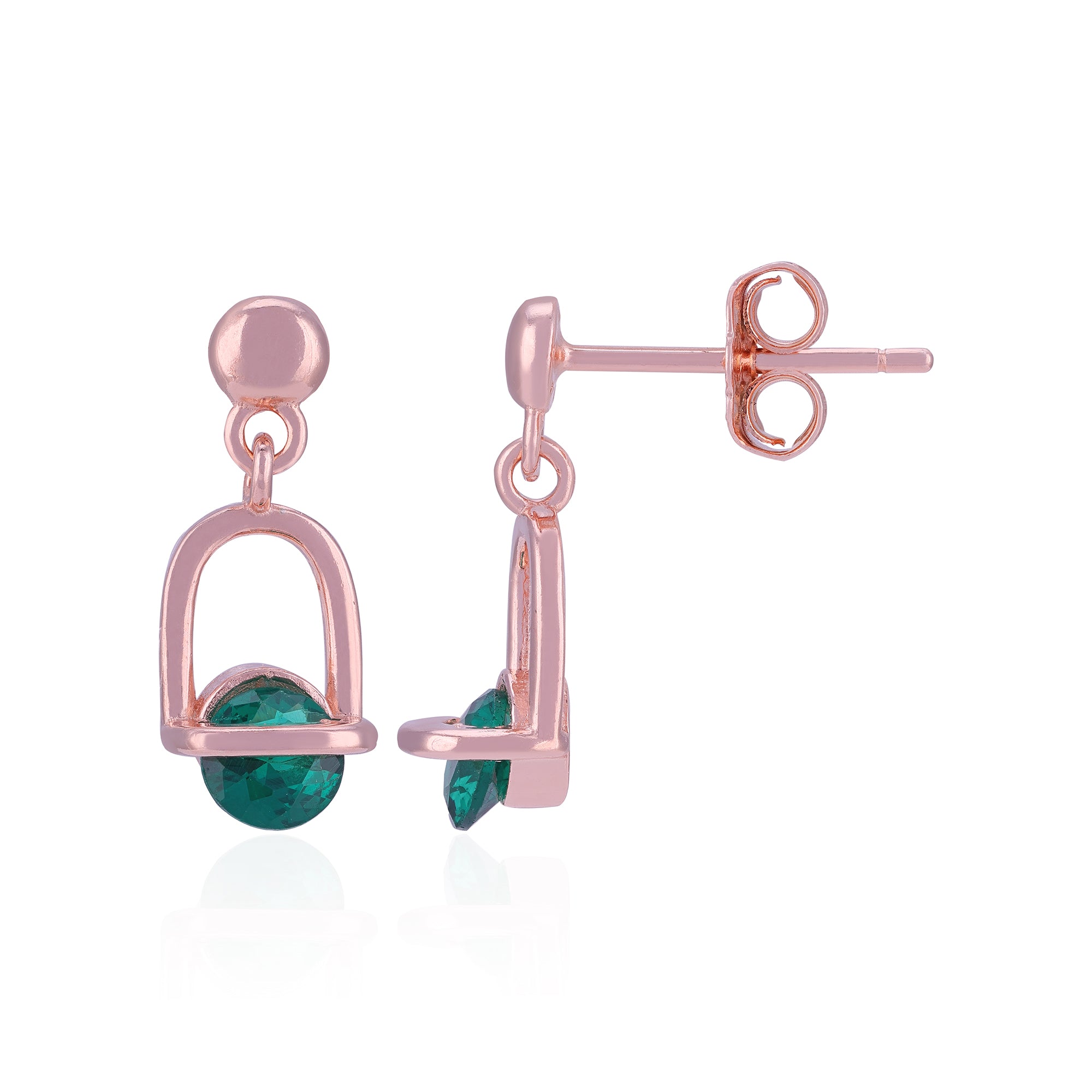Rose gold earrings with green gemstones on a white background