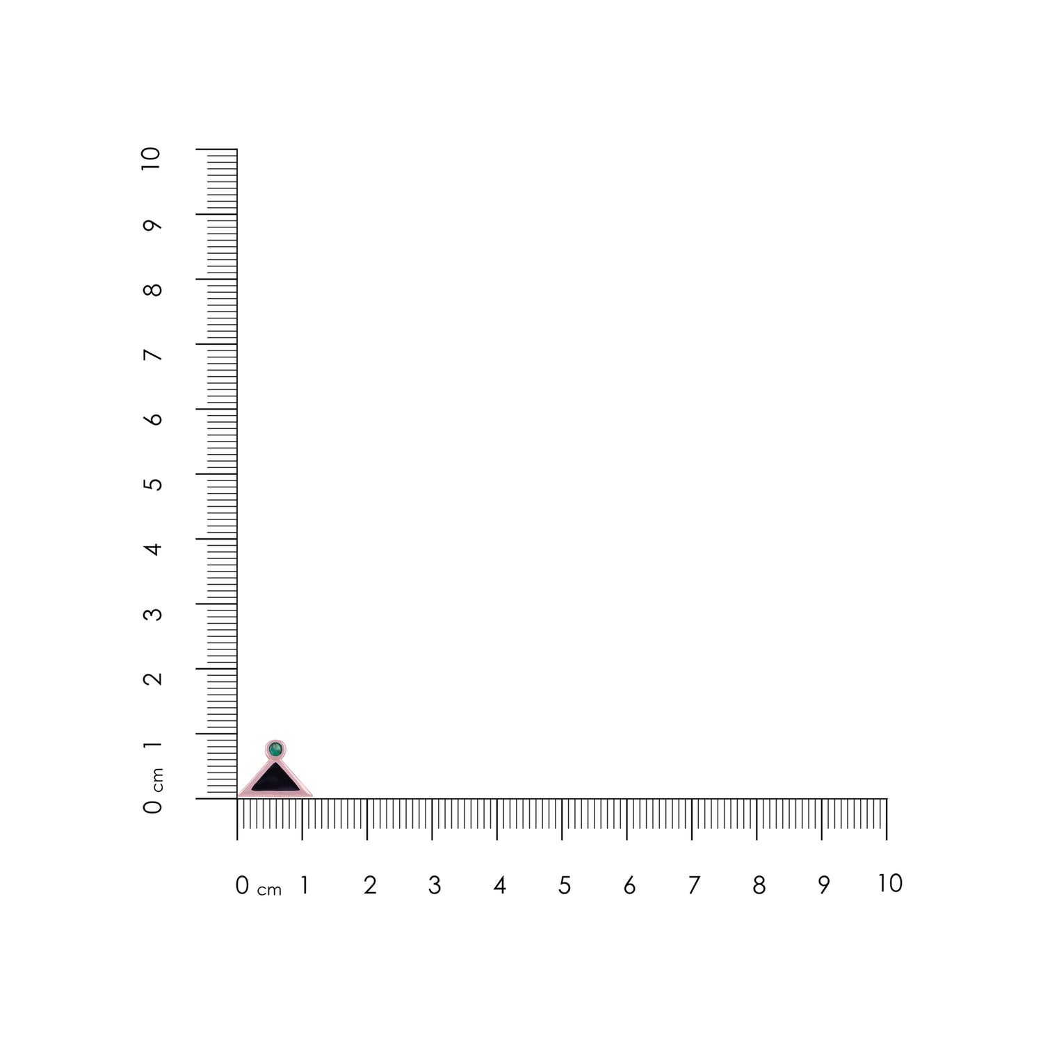 Rose gold triangle-shaped earrings with black and green stones on a white background