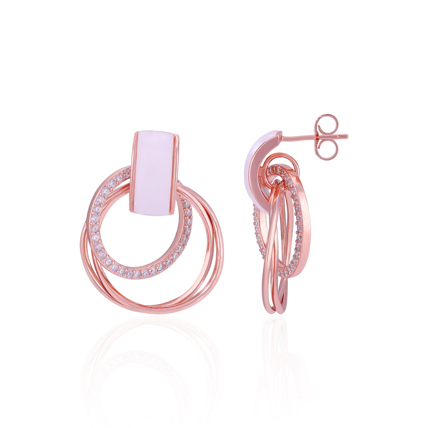 Rose gold hoop earrings with small diamonds on a white background