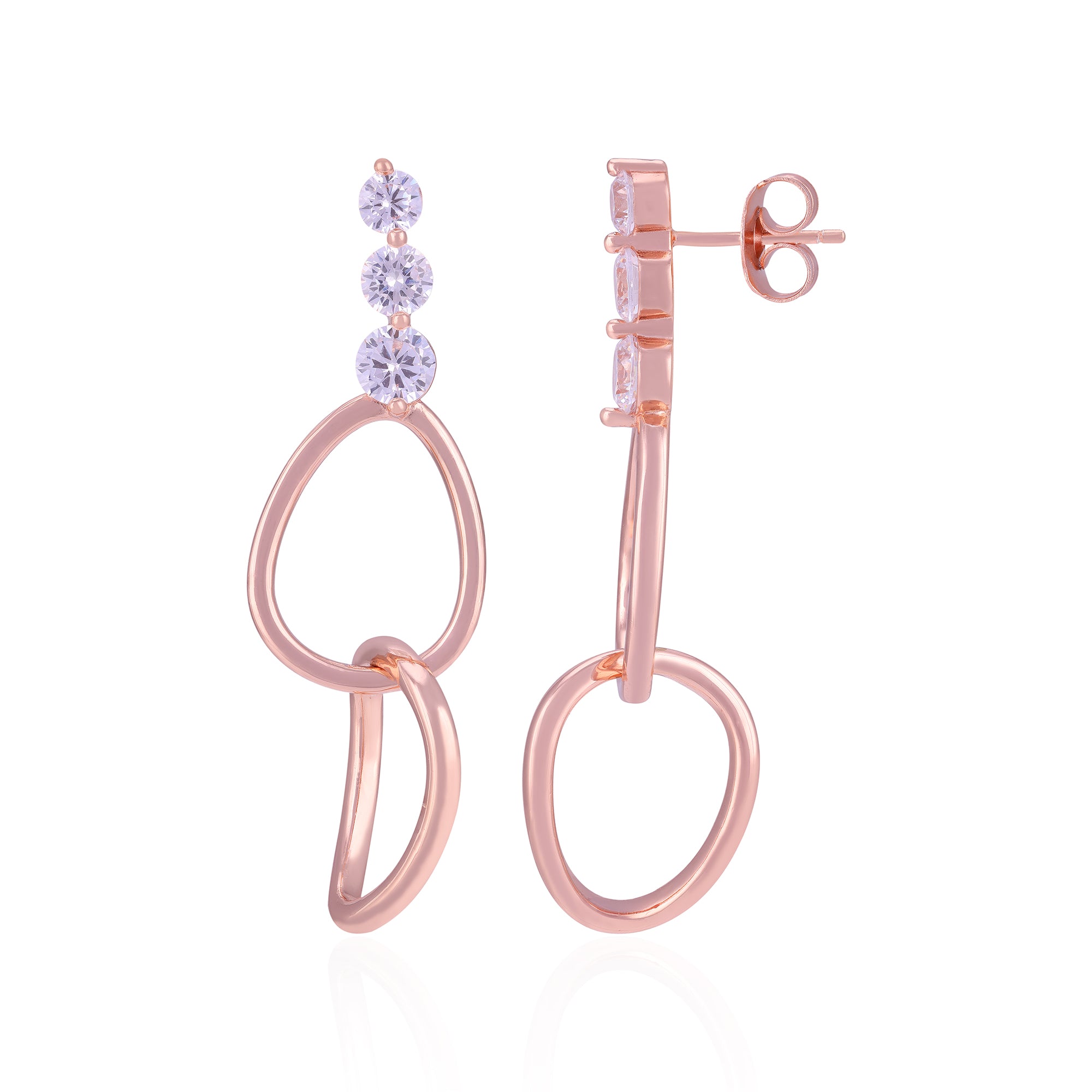 Rose gold earrings with circular designs and purple gemstones on a white background