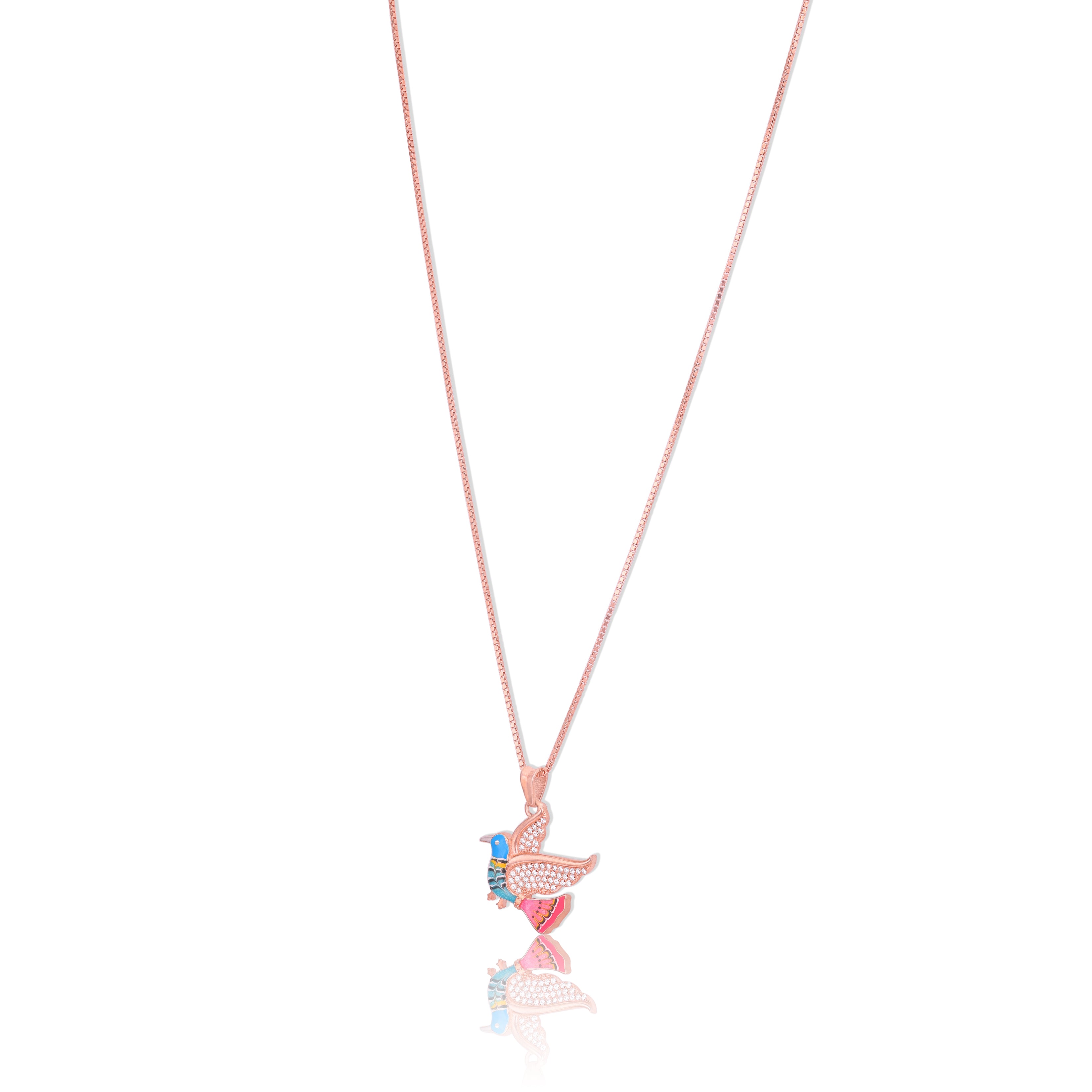 925 Sterling Silver Rose Gold Plated Enamel Bird Wing Detailing Chain Pendant for Women