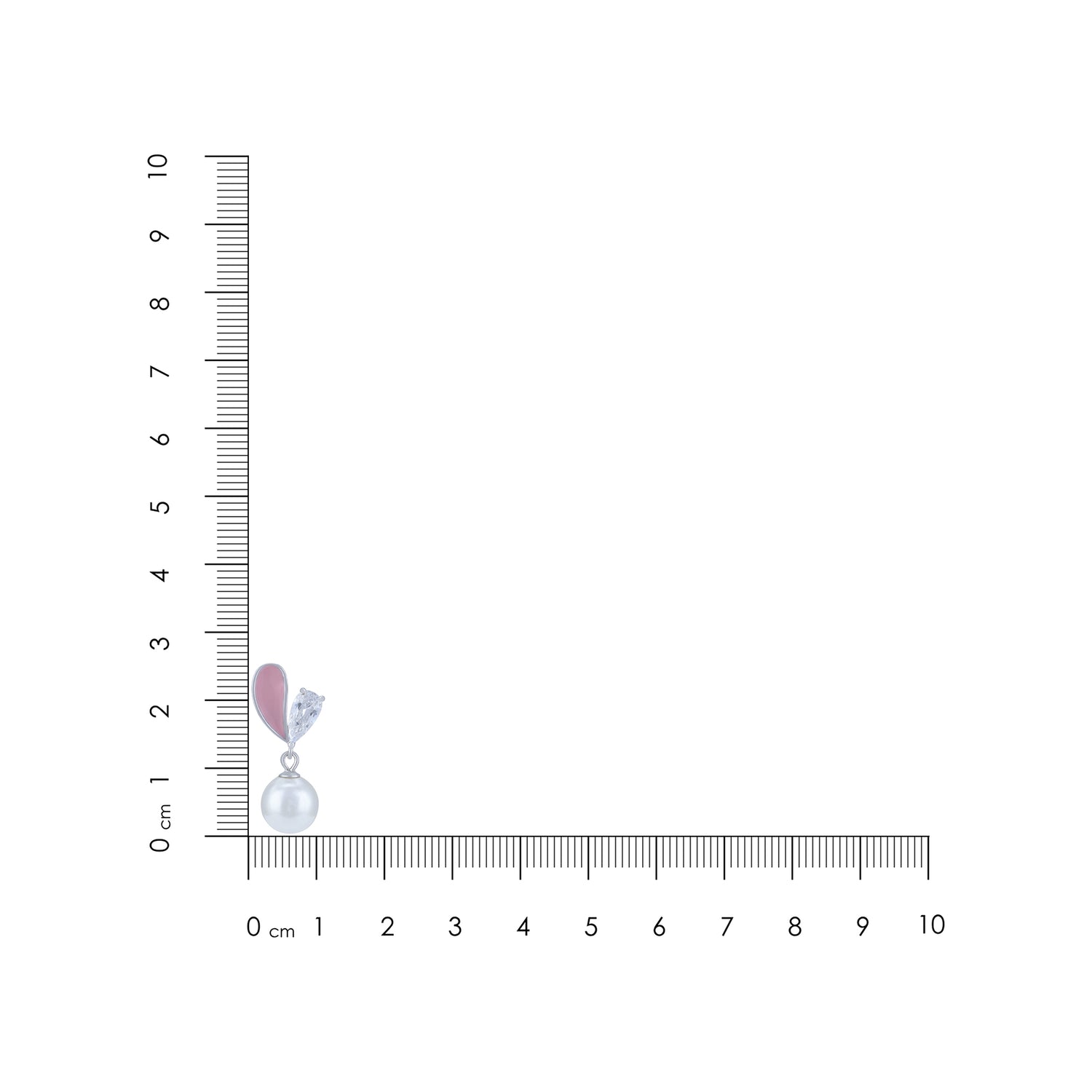 Dangle earring with pearl and pink gemstone on a ruler for scale
