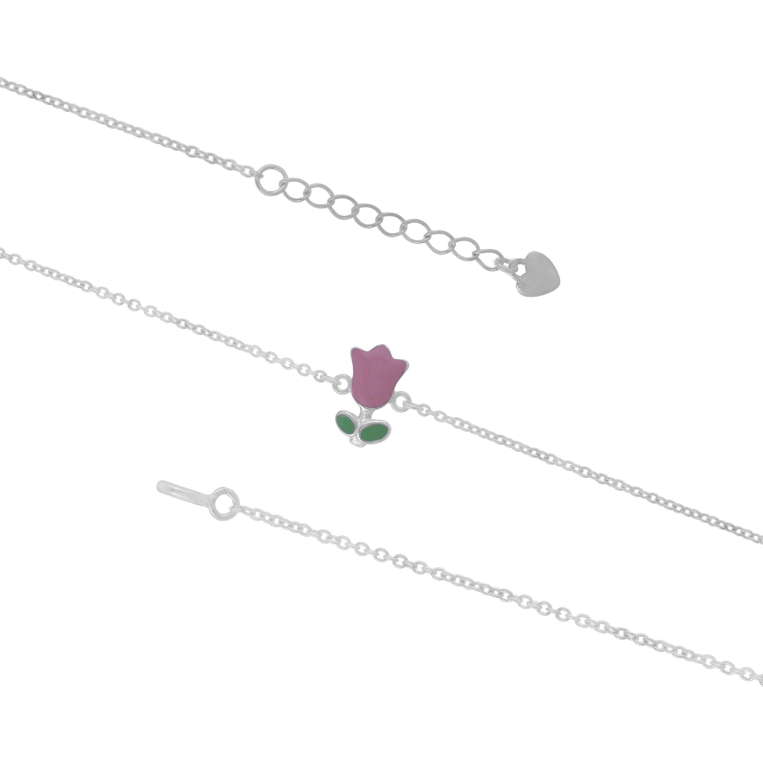 925 Sterling Silver Tiny Pink Tulip Charm Rhodium Plated Bracelet For Kids