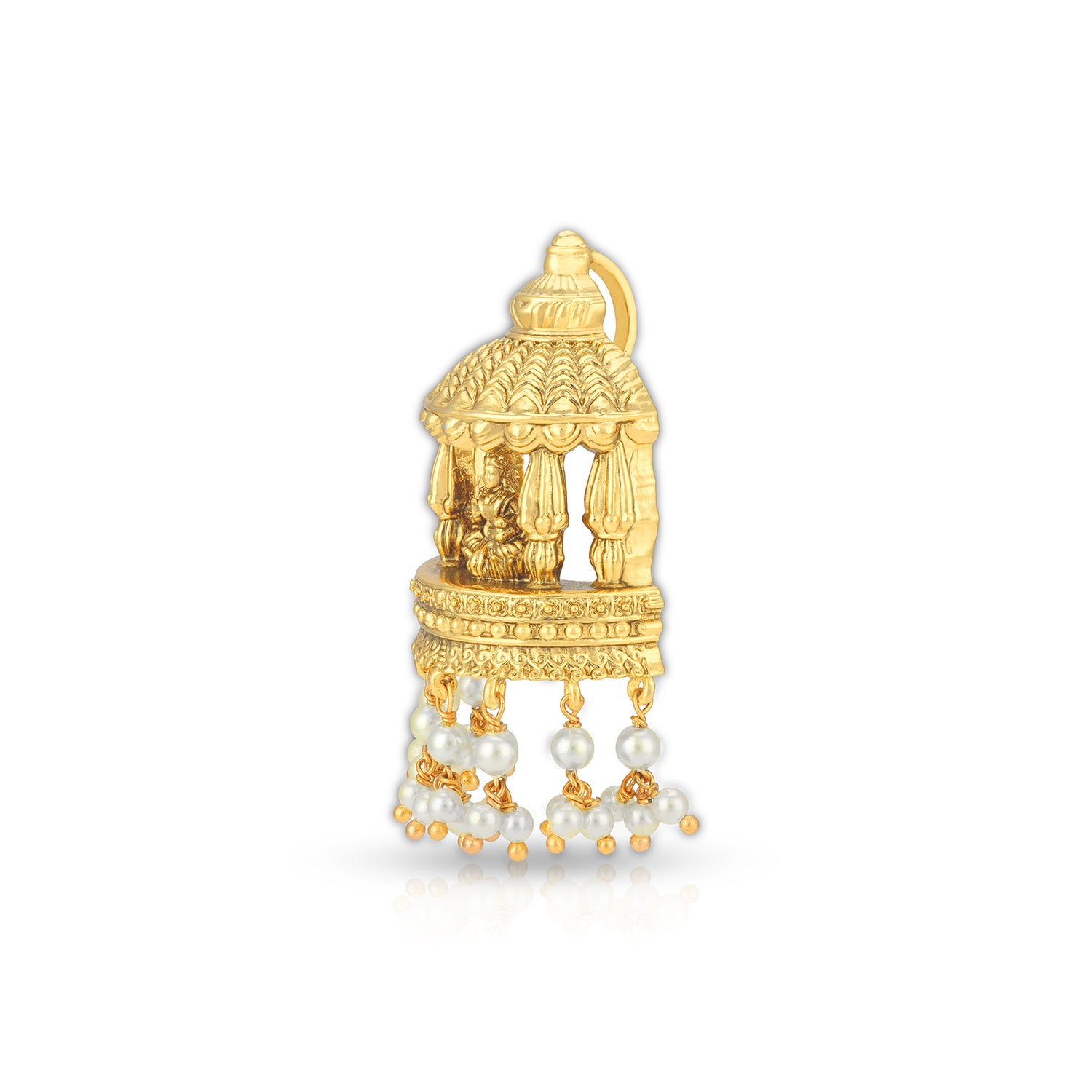 Gold jhumka earring with pearl drops on a white background