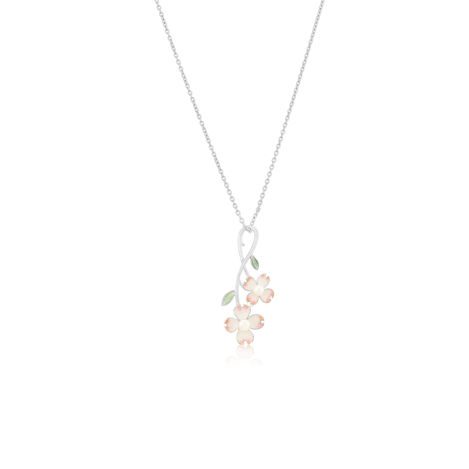 925 Soft Pink Bloom Leaf Detailing Pearl Enamel Chain Pendants