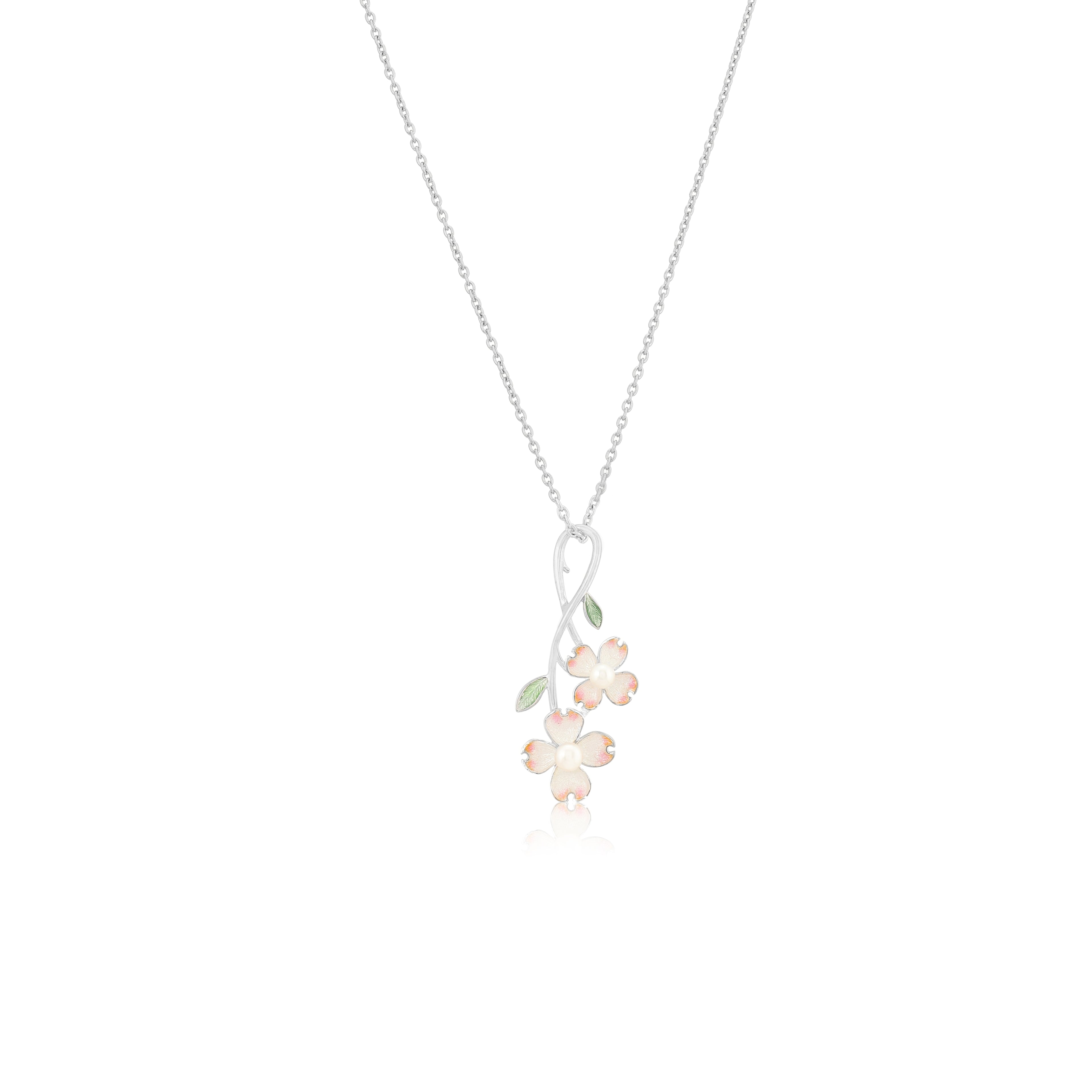 925 Soft Pink Bloom Leaf Detailing Pearl Enamel Chain Pendants
