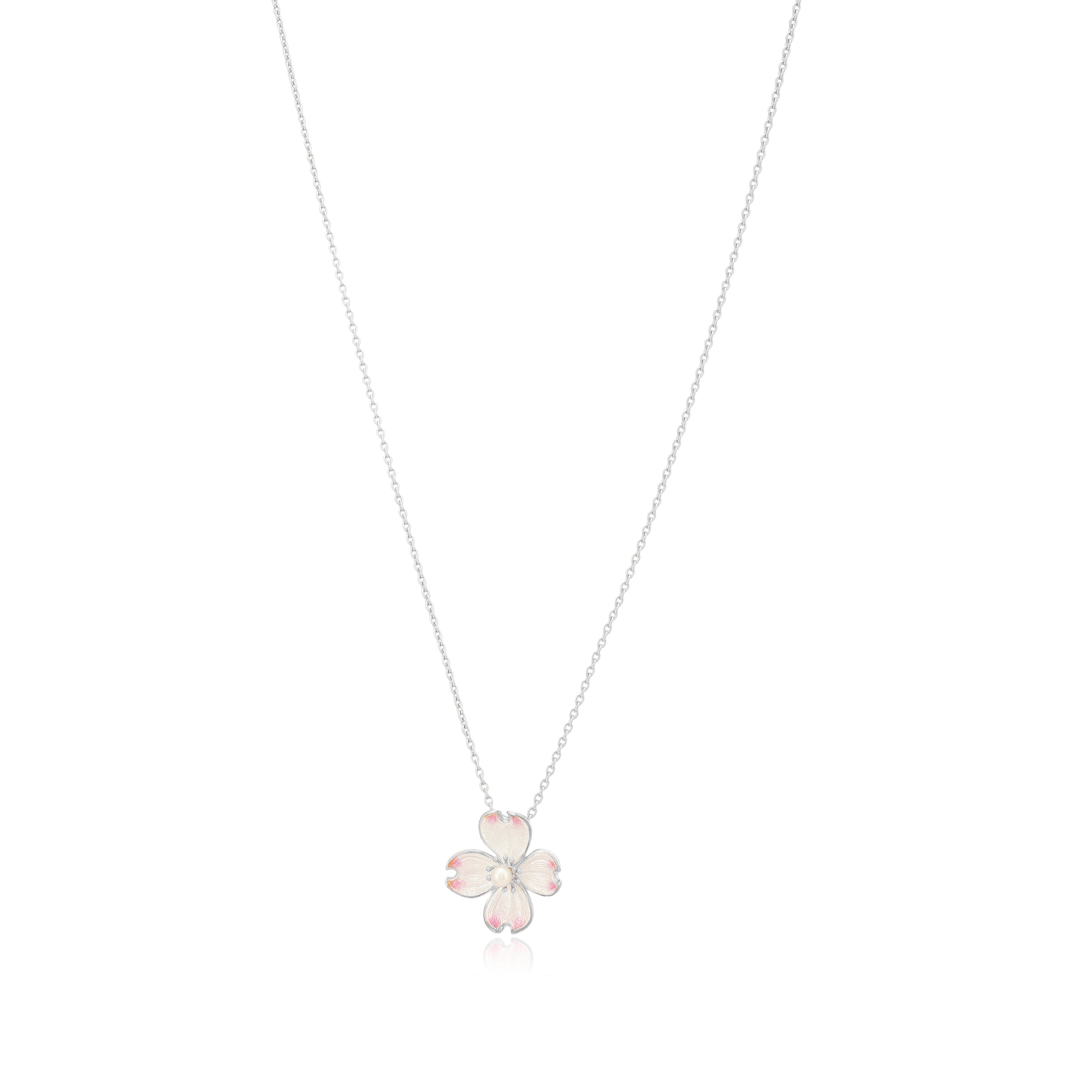 925 Soft Pink Bloom Rhodium Plated Pearl Enamel Pendant Chain