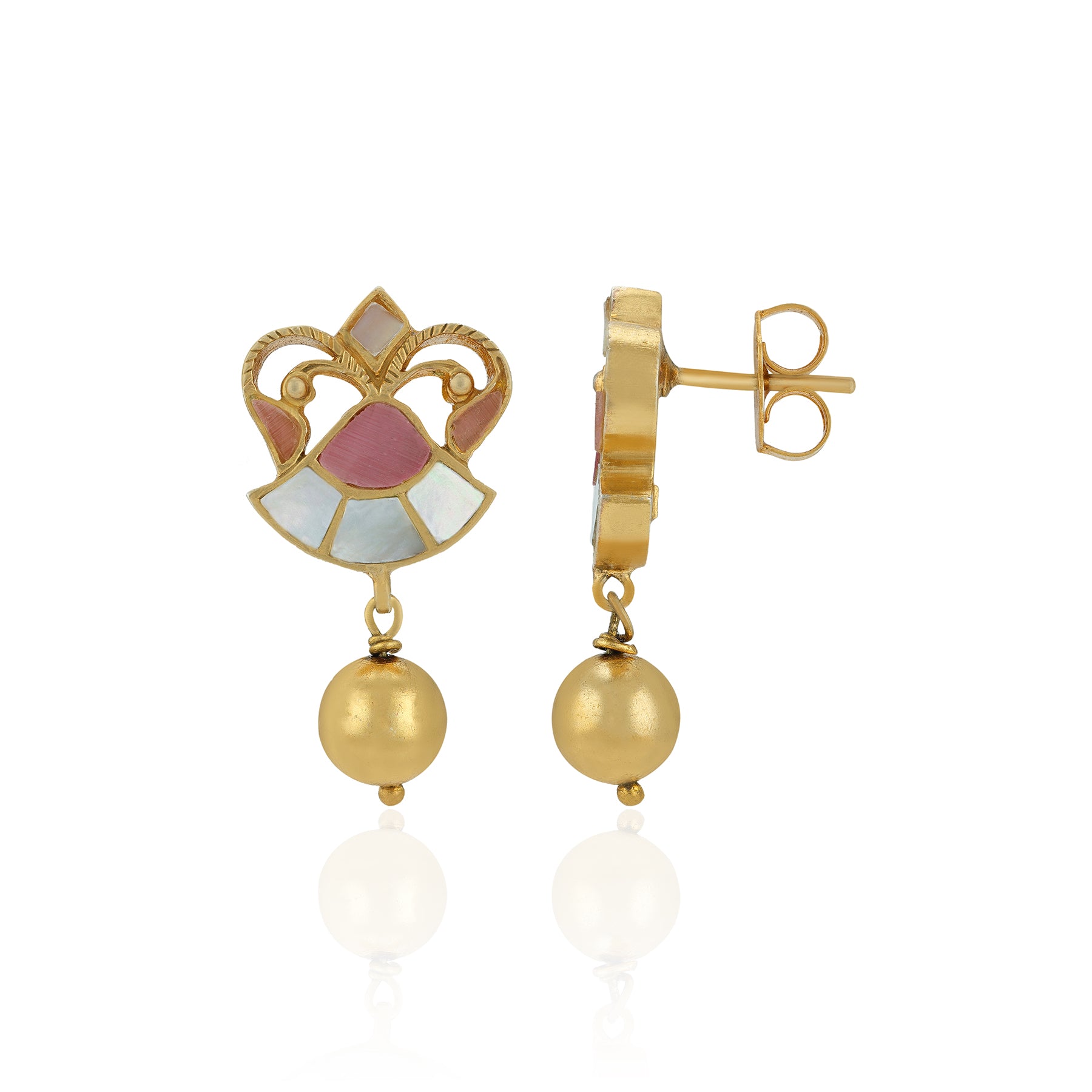 Gold earrings with a decorative top piece and spherical bottom on a white background