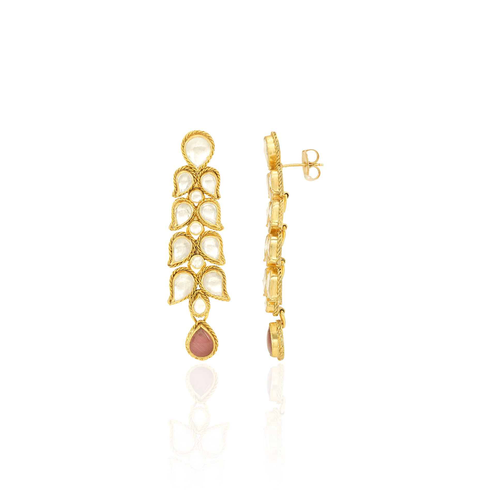 Gold earrings with a central pink gemstone on a white background