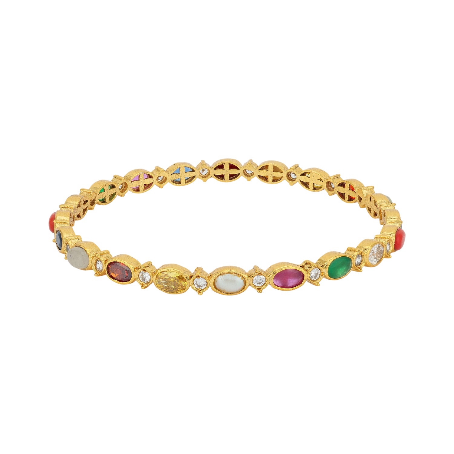 925 Sterling Silver Gold Plated Ellipse Navaratna Stone Bangle for Women