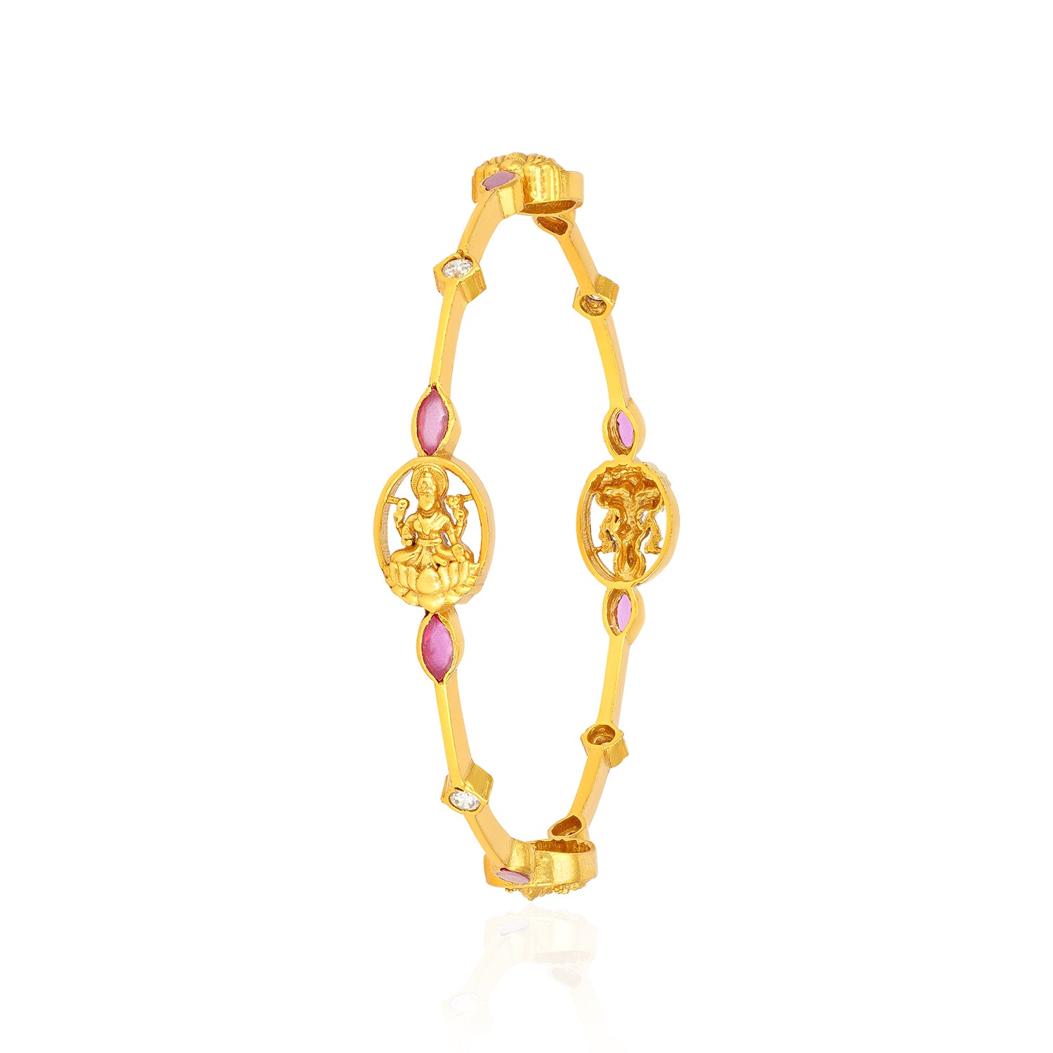 925 Sterling Silver Gold Plated Lakshmi Idol Pink Meenakari Leaf Accents Bangles for Women