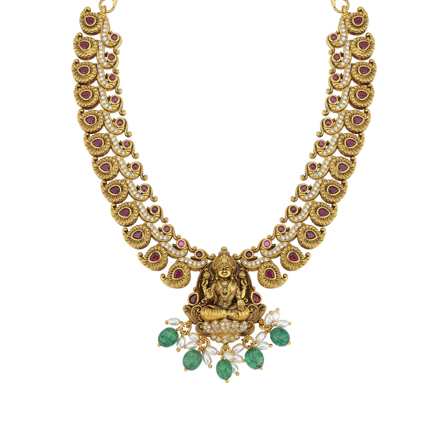 925 Sterling Silver Heritage Lakshmi Manga Kasu Green Drop Necklace for women