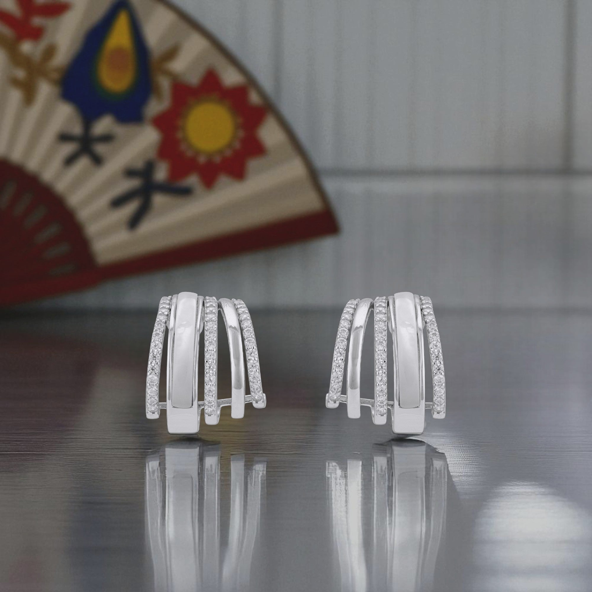 925 Sterling Silver Modern Triple Row Hoops Pearl Center Sparkle Earrings for Women