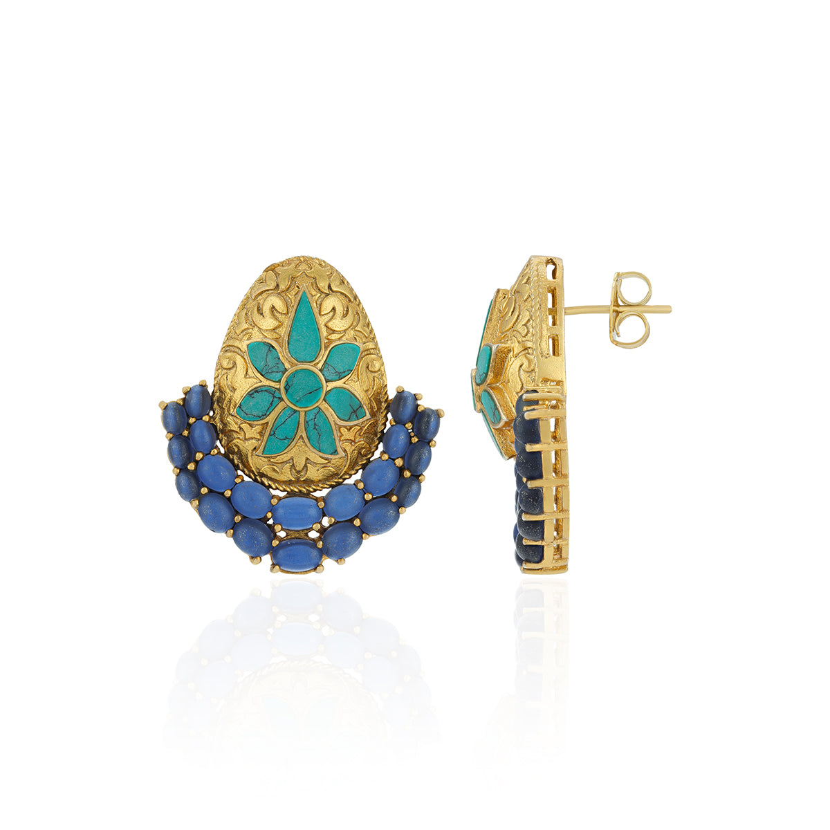 Gold earrings with blue and green stones on a white background