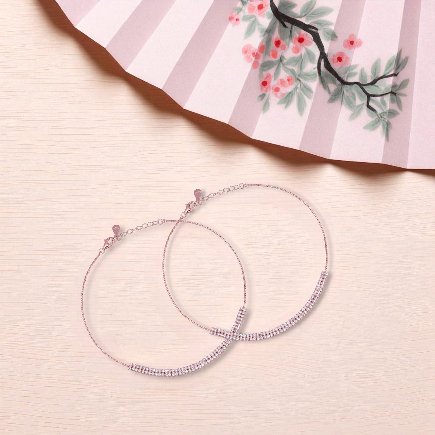 925 Sterling Silver Rose Gold Aurora Row  Anklets For Women