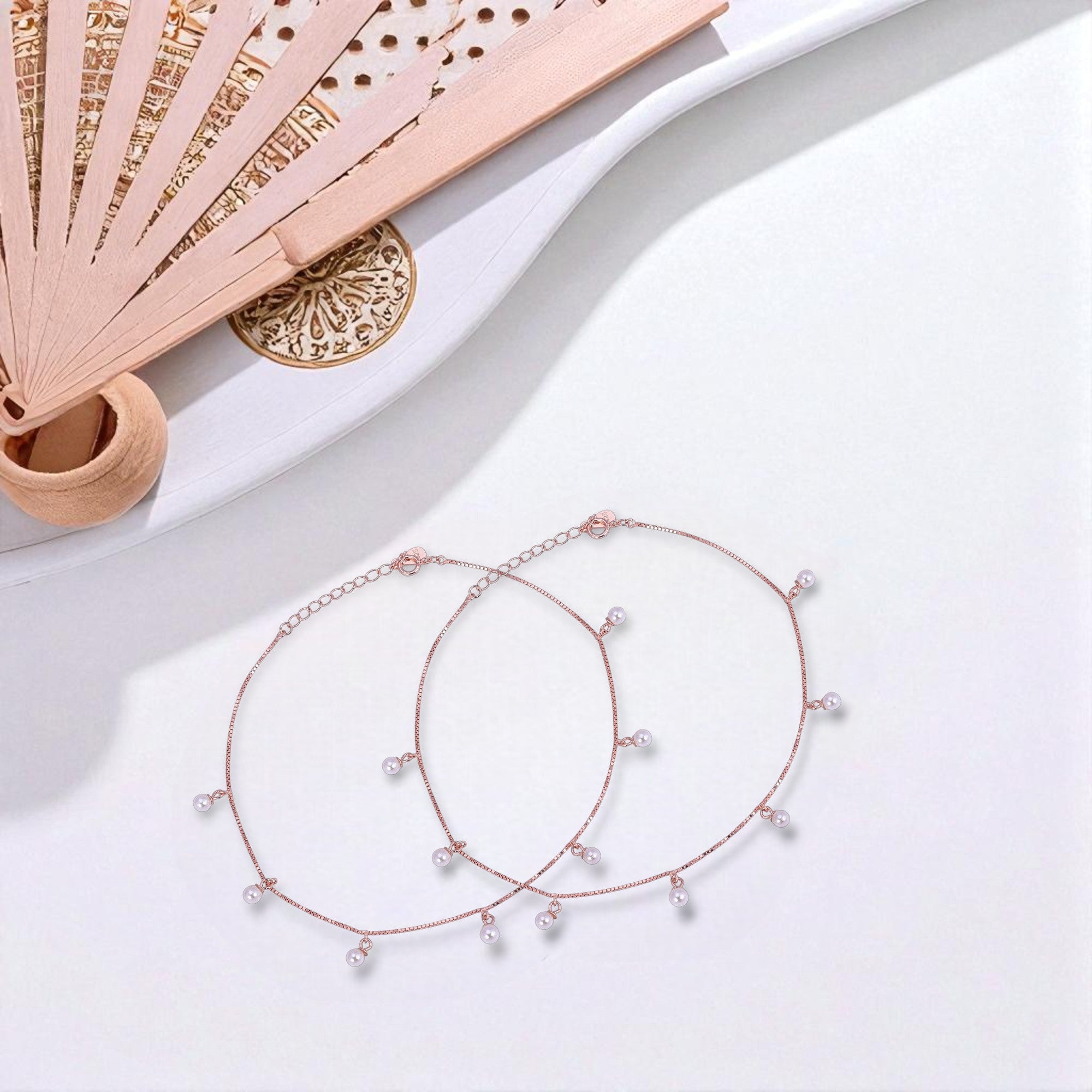 925 Sterling Silver Rose Gold Floating Pearl Anklets For Women