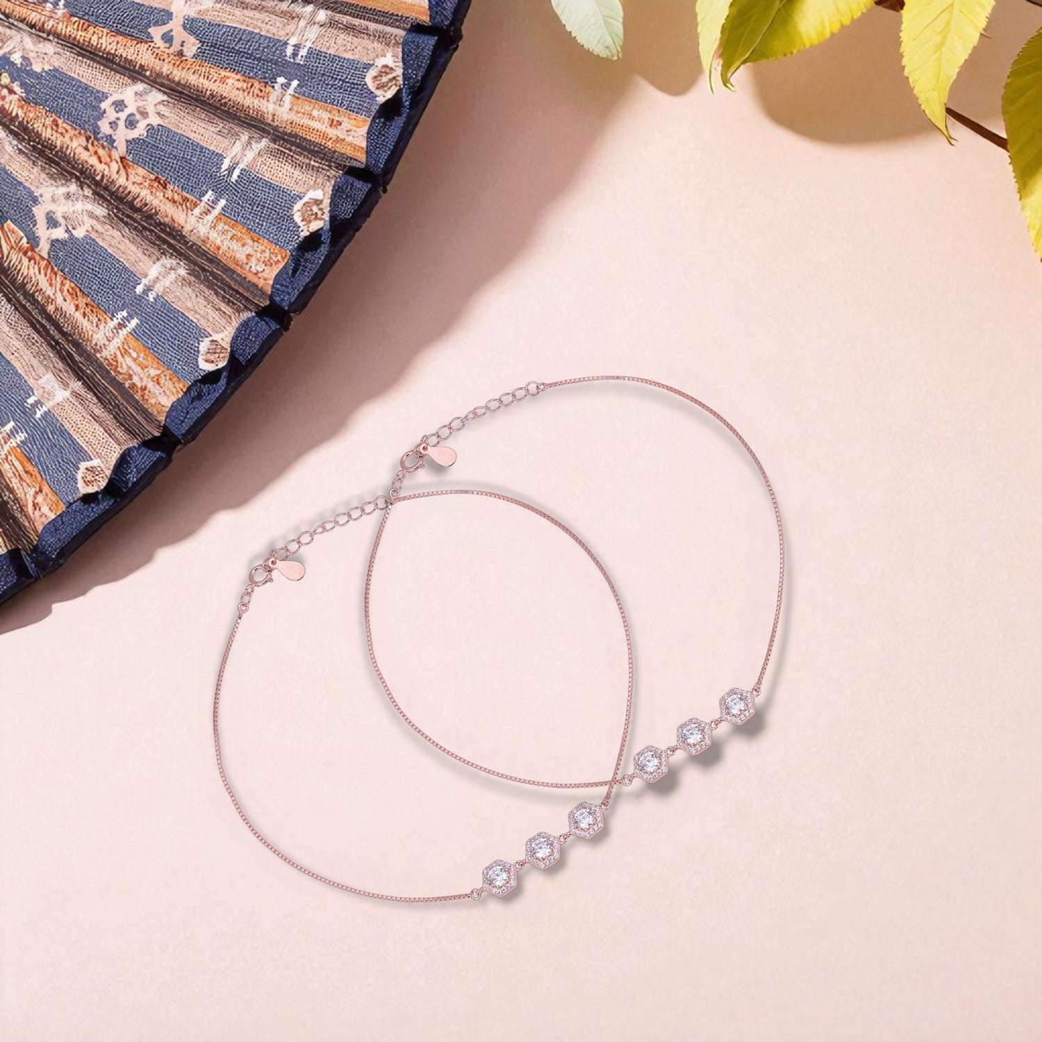 925 Sterling Silver Rose Gold Honeycomb Shine Anklets For Women