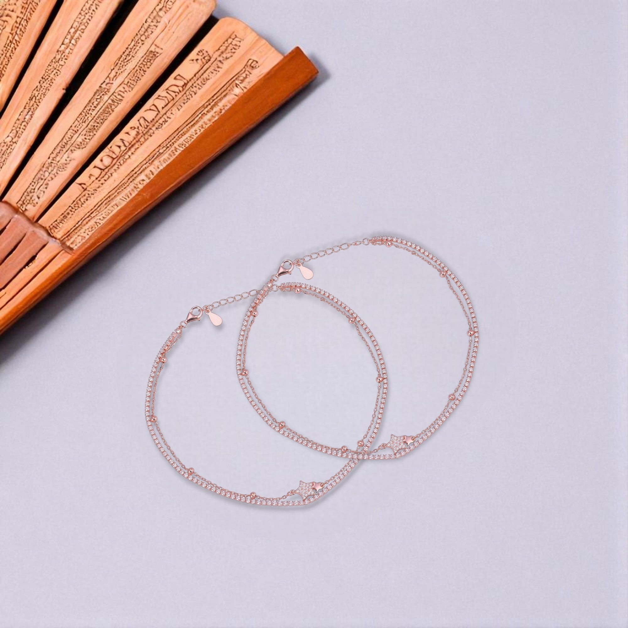925 Sterling Silver Rose Gold Twin Stardust Anklets For Women
