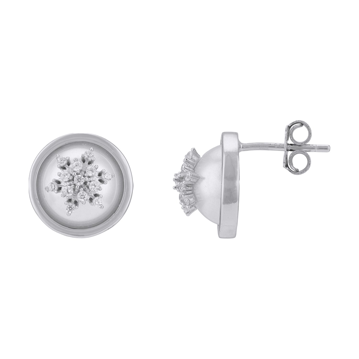 925 Sterling Silver Snowflake Earrings  White Pearl Enamel Dome Earrings for Women
