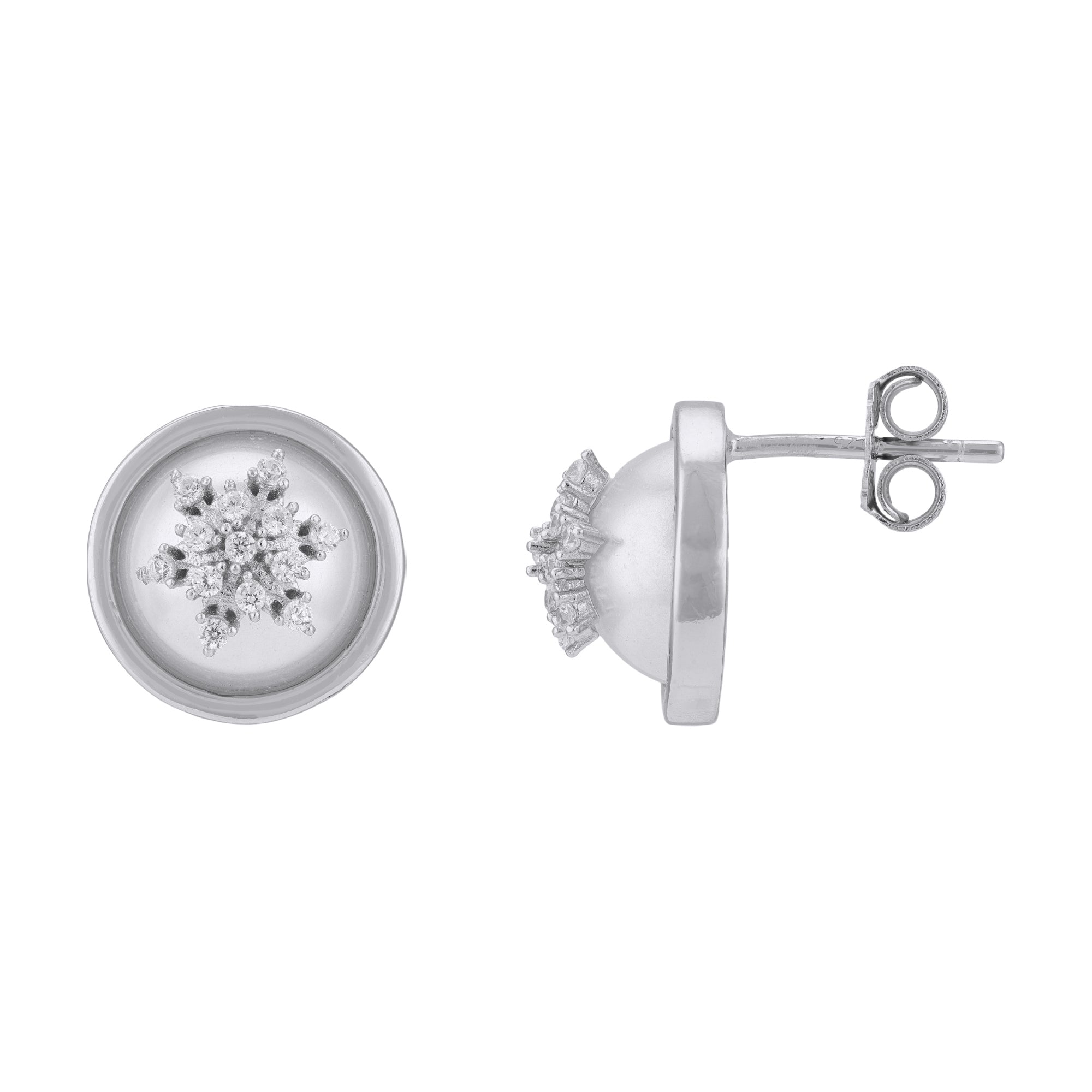 925 Sterling Silver Snowflake Earrings White Pearl Enamel Dome Earrings for Women