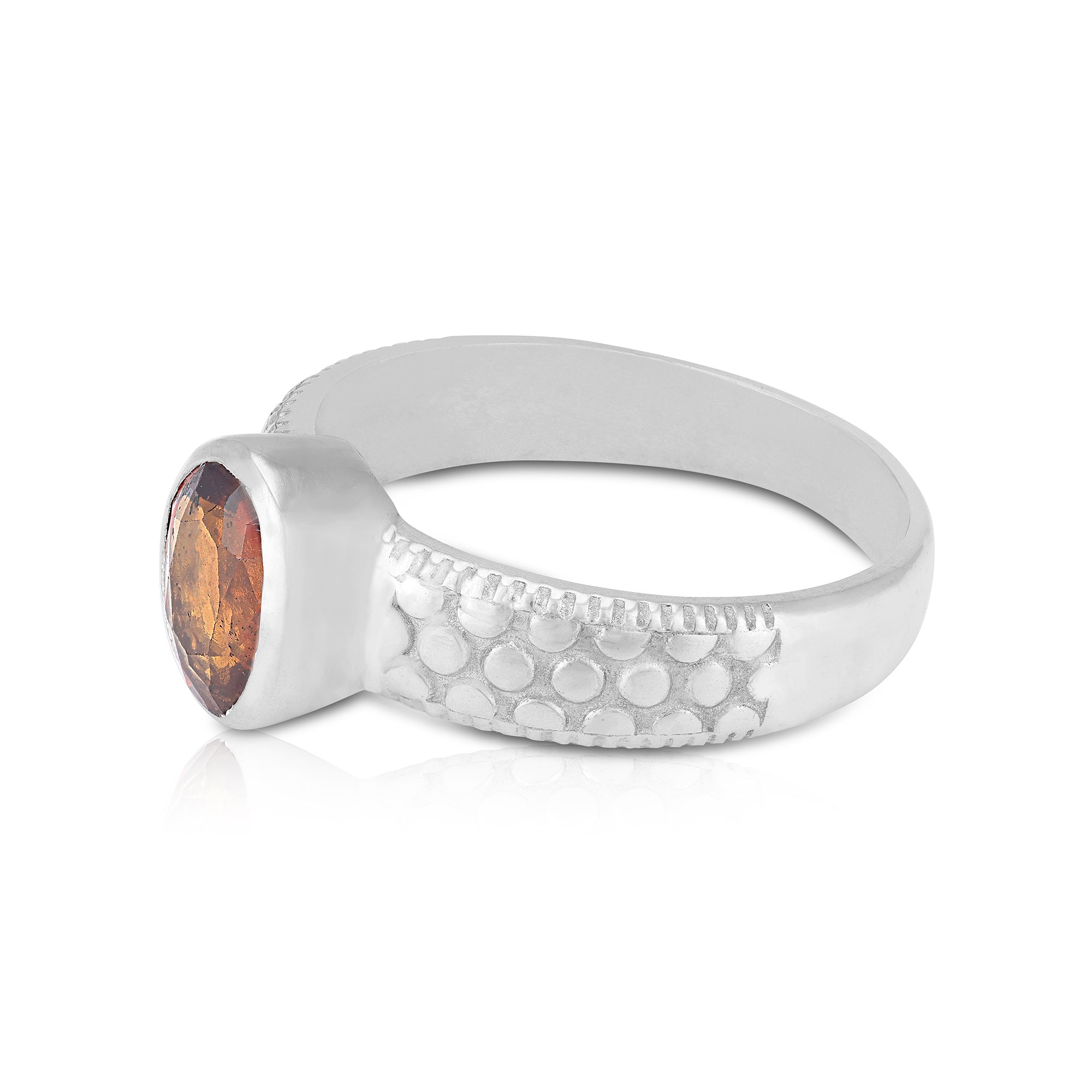 925 Sterling Silver Textured Fiery Orange Hessonite Gem Classic Bubble Band Ring for Men