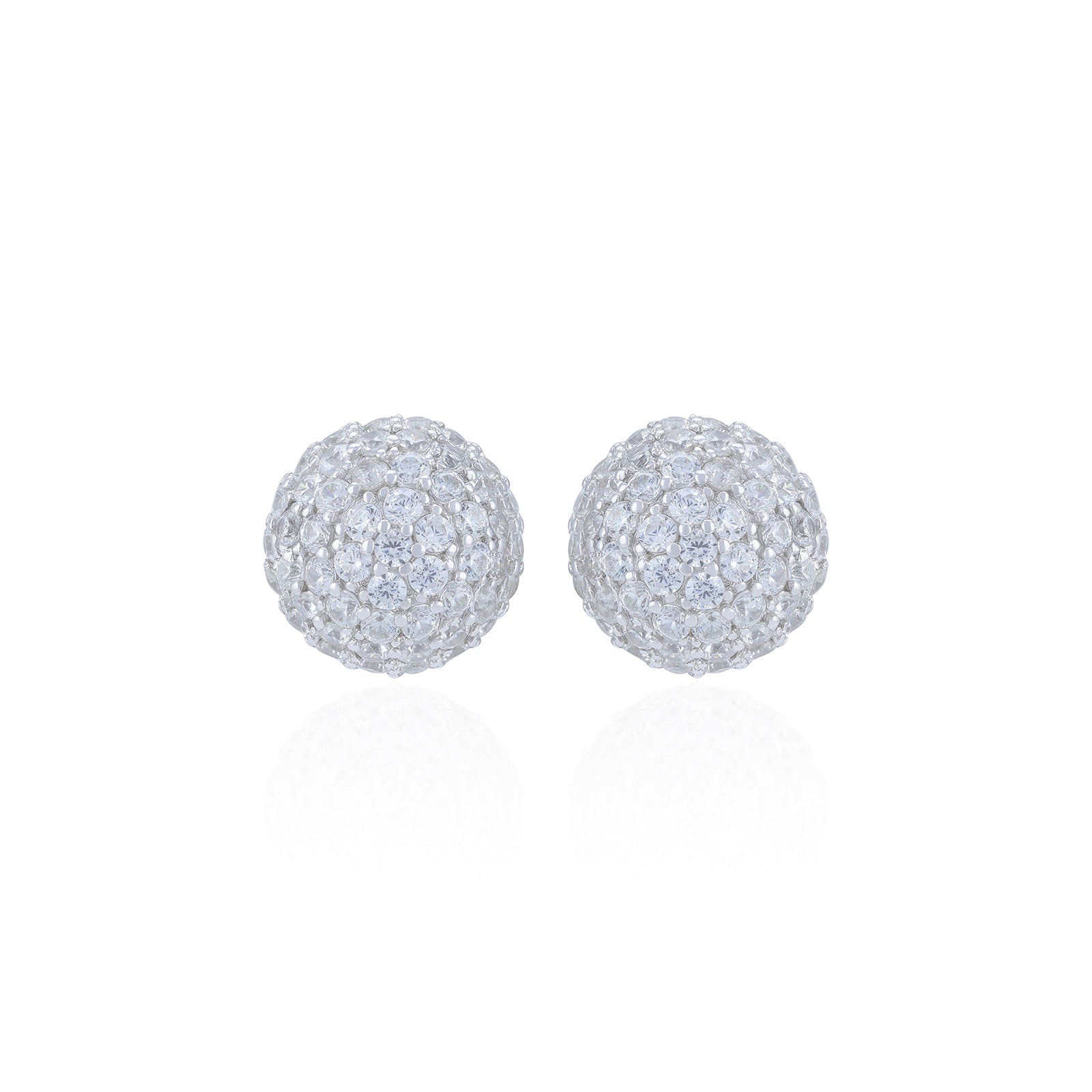 Pair of silver spherical earrings on a white background